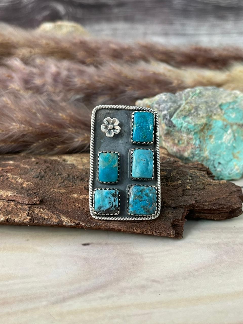 Handmade Sterling Silver Ithaca Peak Turquoise Adjustable Ring Signed Nizhoni