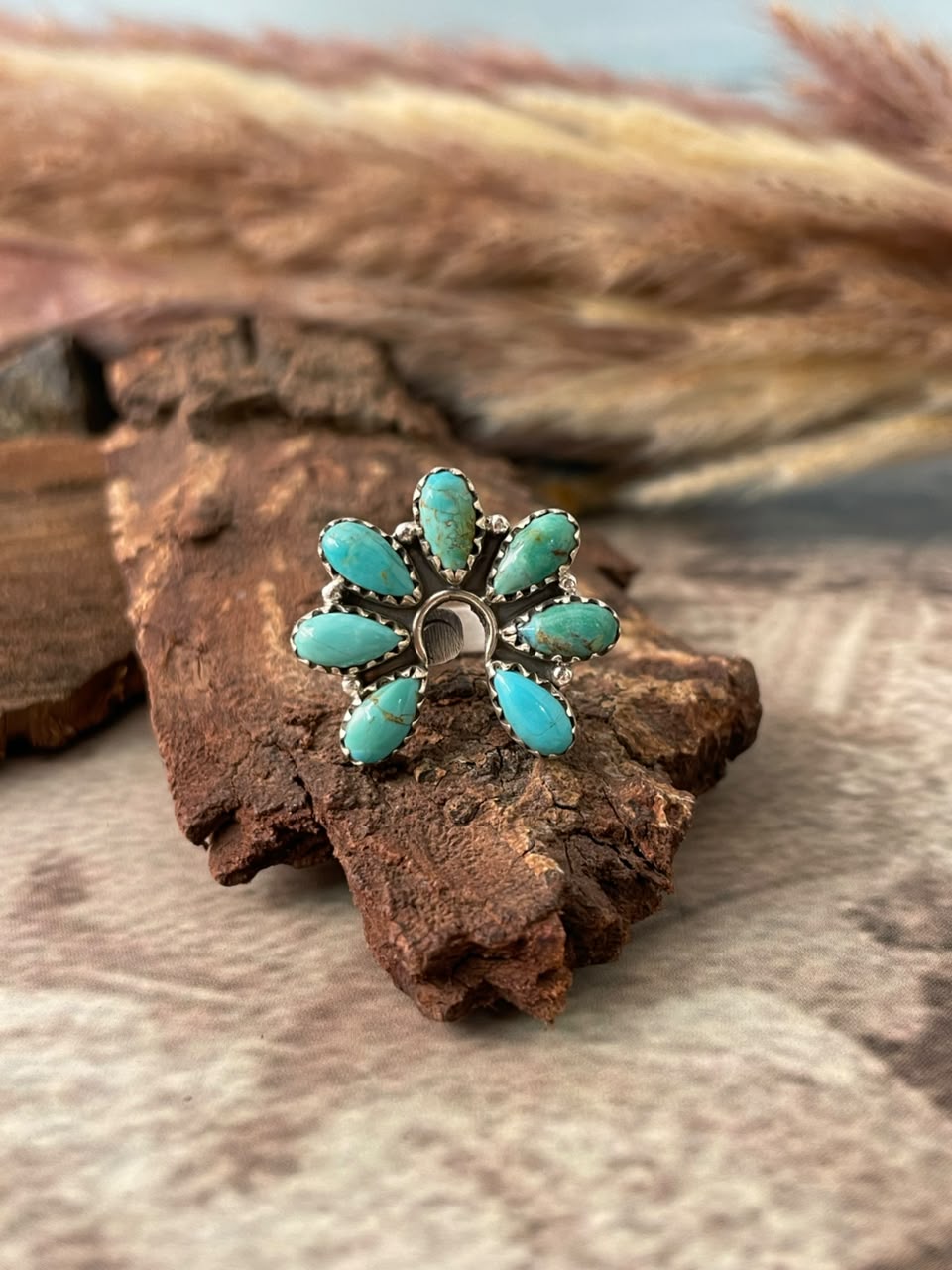 Handmade Sterling Silver Kingman Turquoise Naja Adjustable Ring Signed Nizhoni