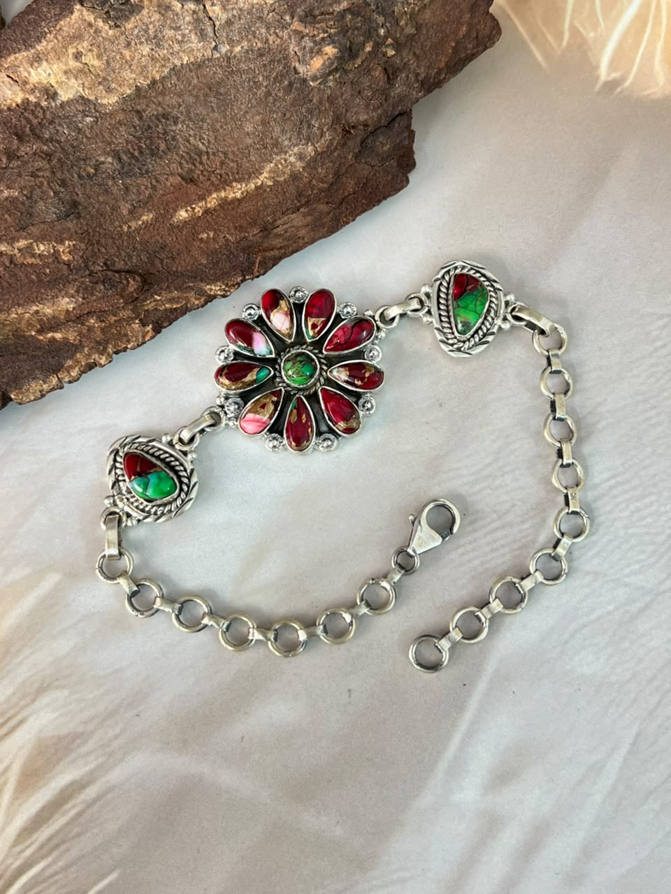 Handmade Sterling Silver Christmas Dahlia Collection: Chain Bracelet Signed Nizhoni