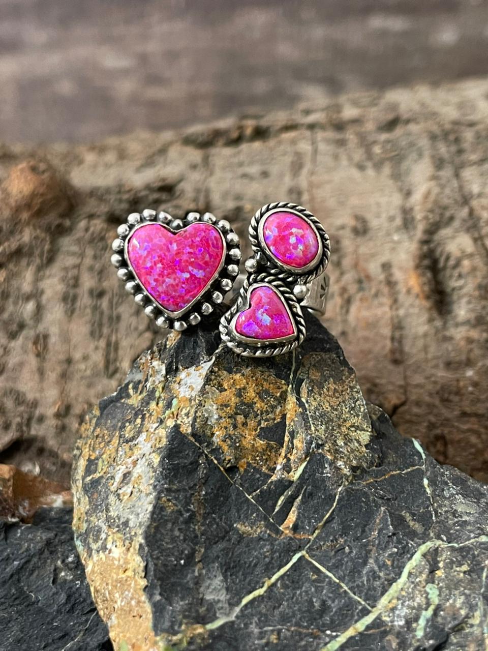 "Heart Collection" Handmade Sterling Silver Hot Pink Adjustable Ring "Signed Nizhoni"