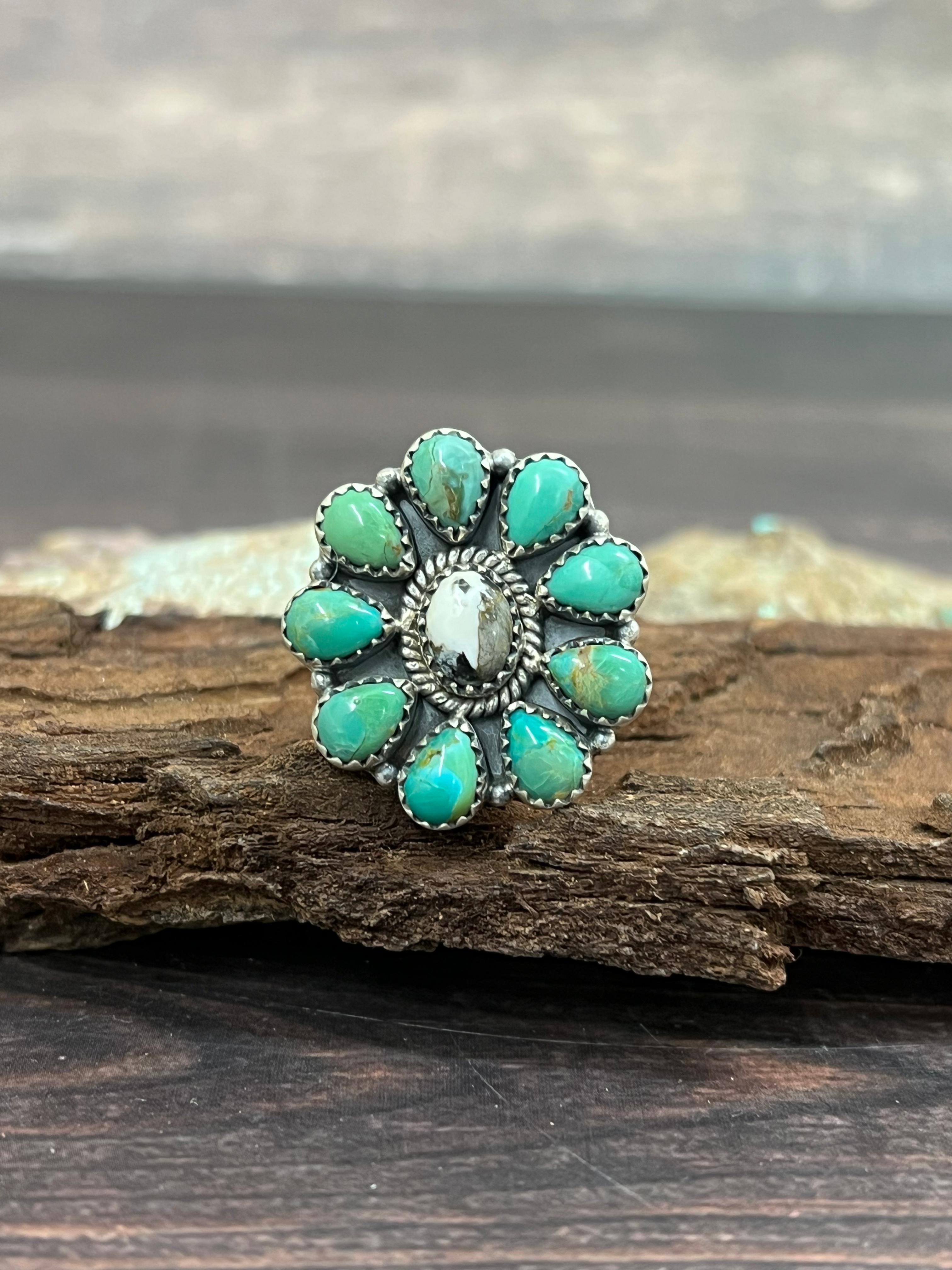 Handmade Sterling Silver Kingman with White Buffalo Turquoise Adjustable Ring with Signed Nizhoni