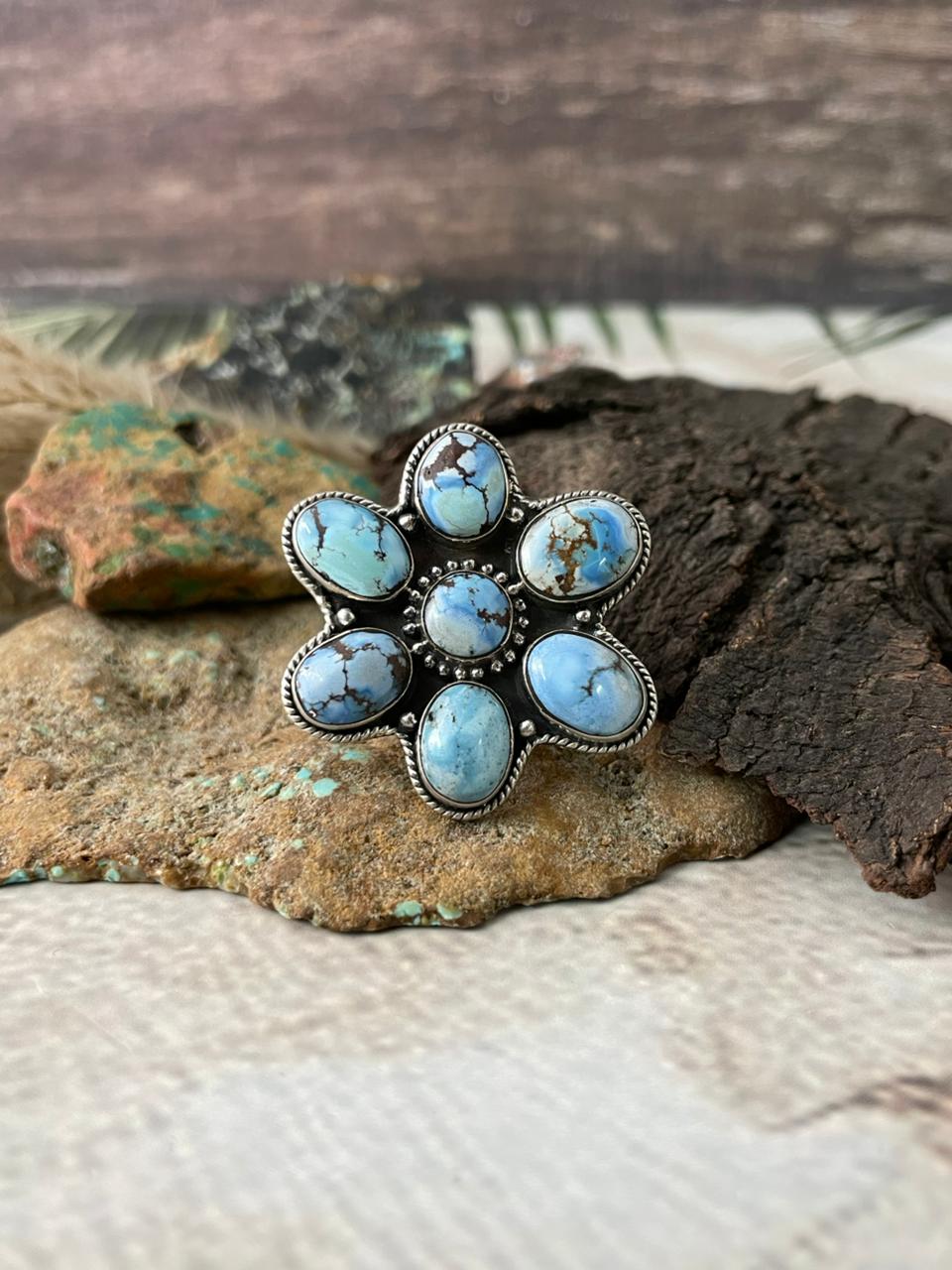 Handmade Sterling Silver Golden Hills Turquoise Adjustable Ring "Signed Nizhoni"