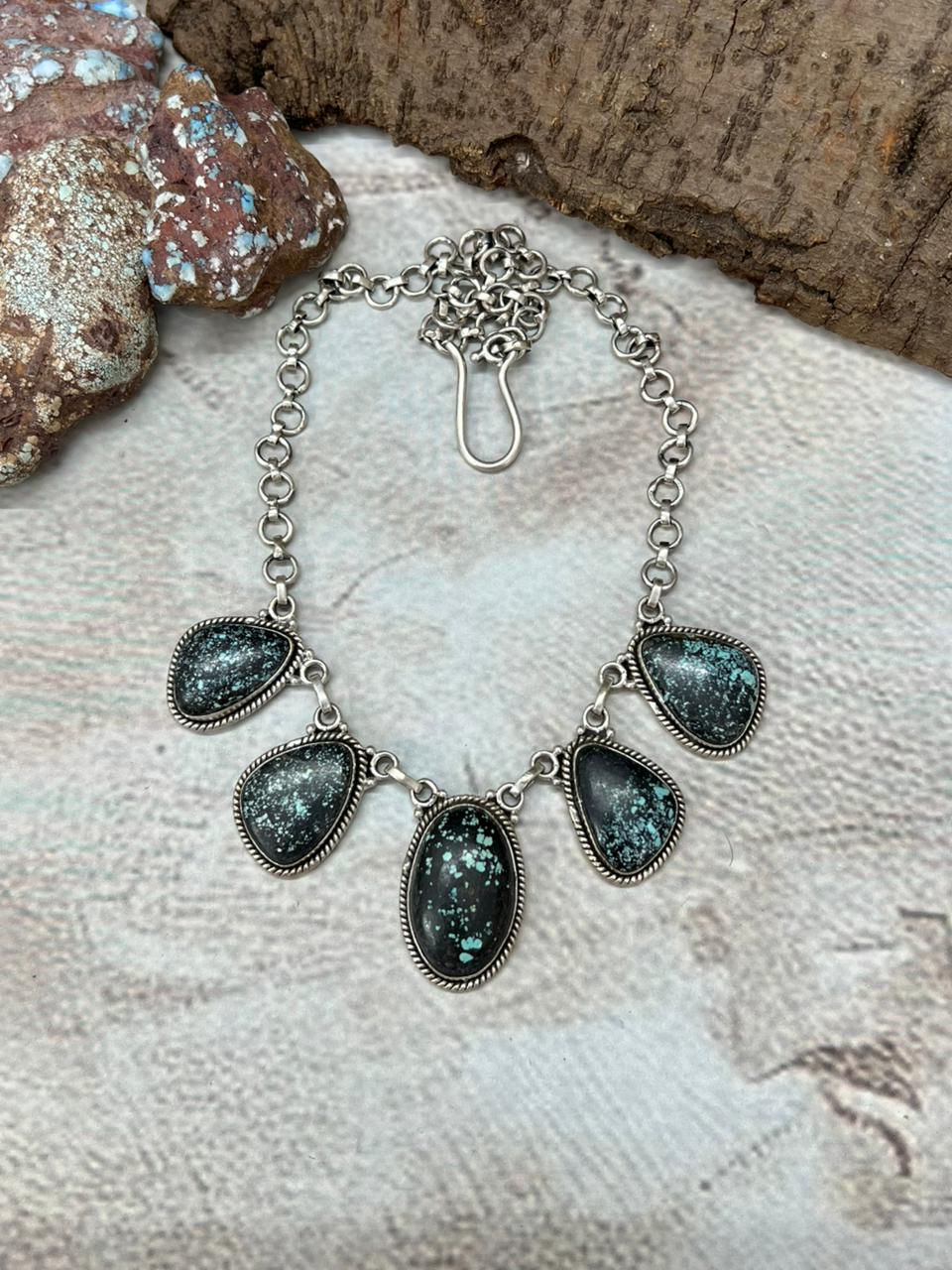 Handmade Sterling Silver Lander Turquoise Necklace with Signed Nizhoni