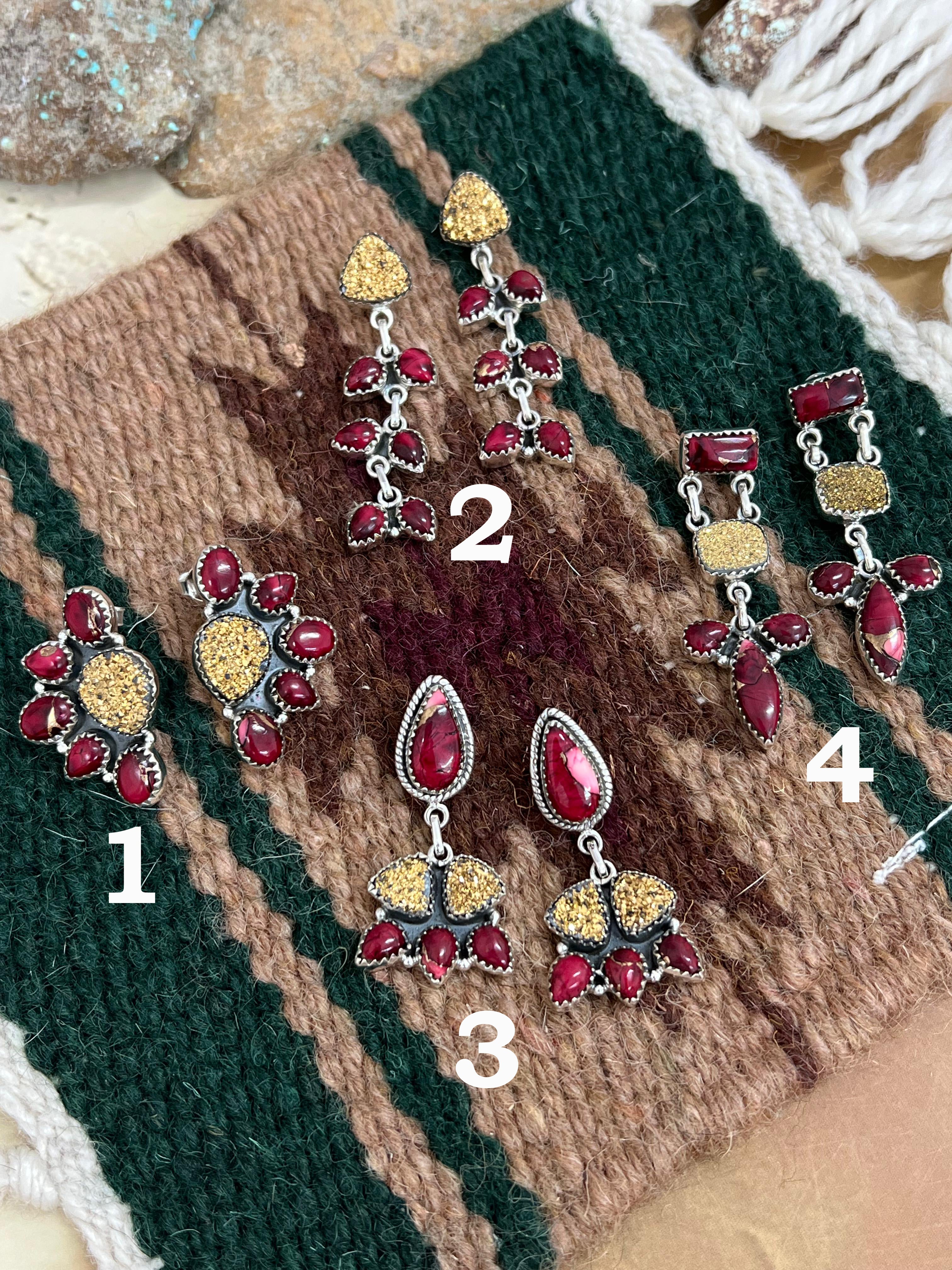 Handmade Sterling Silver Dahlia Rose with Druzy Dangle Earrings, Signed Nizhoni