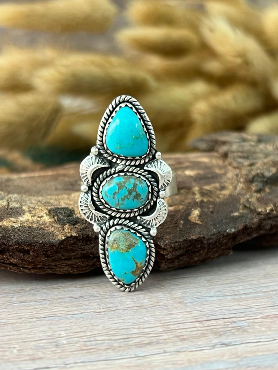 Handmade Sterling Silver Santa Maria Turquoise Adjustable Ring "Signed Nizhoni"