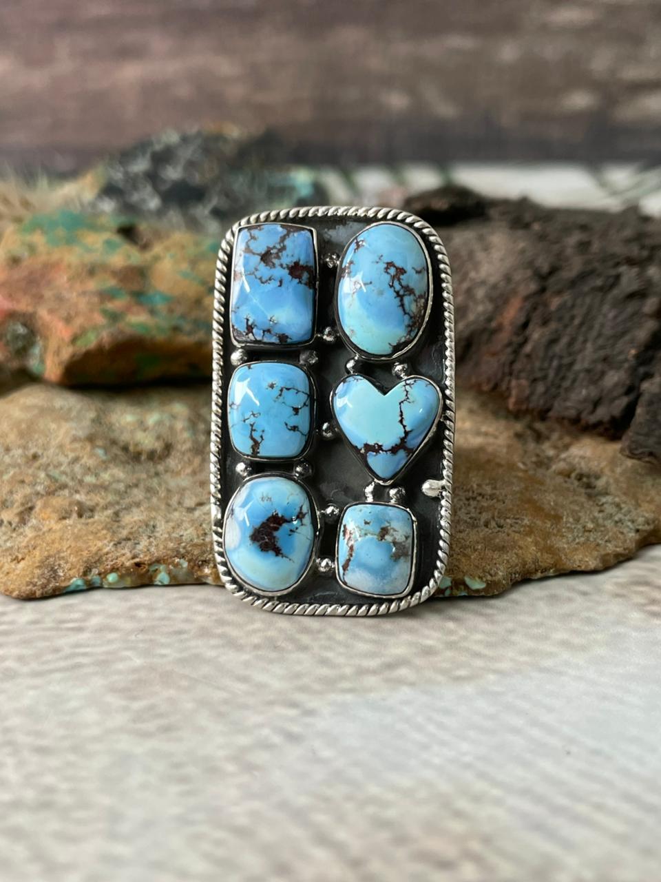 Handmade Sterling Silver Golden Hills Turquoise Adjustable Ring "Signed Nizhoni"