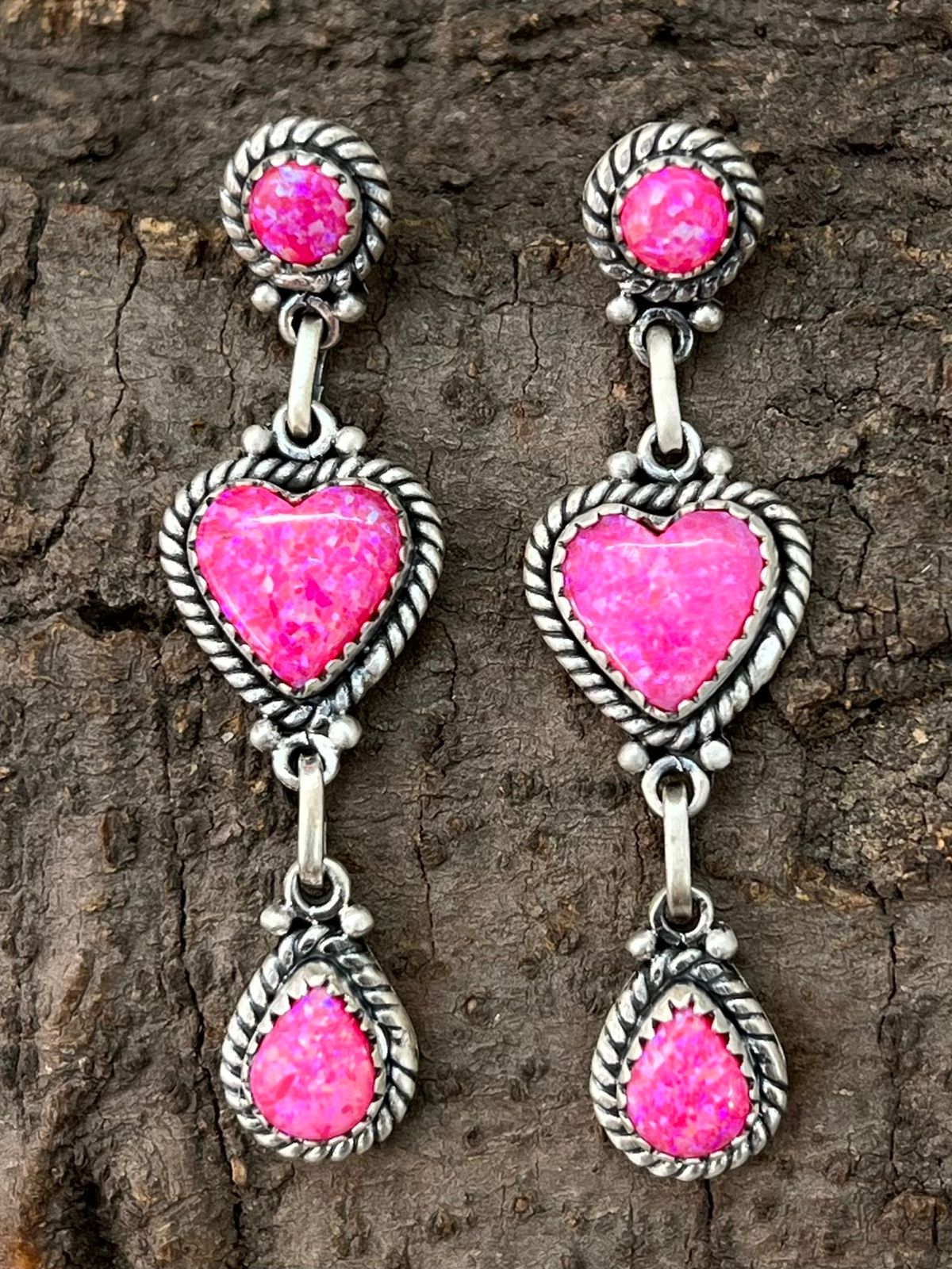 Handmade Sterling Silver Hot Pink Post Dangle Earrings "Signed Nizhoni"