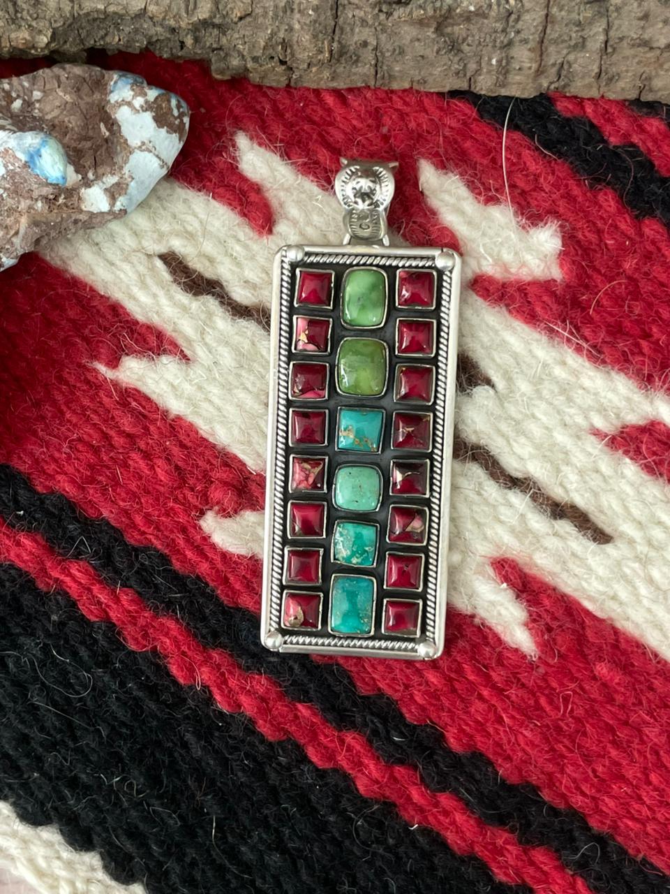 Handmade Sterling Silver Dahlia Rose with Emerald Valley Turquoise Pendant "Signed Nizhoni"