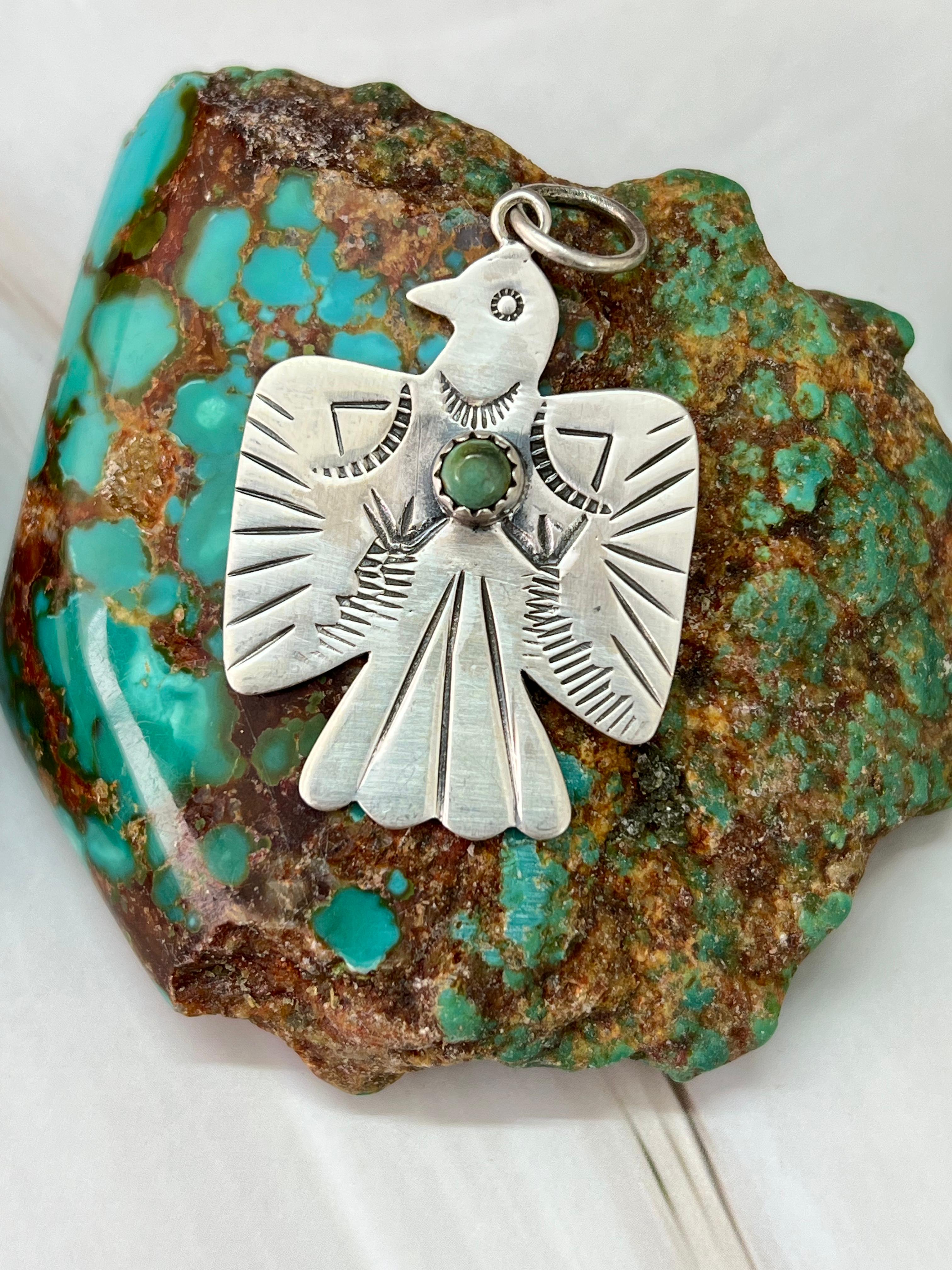 Handmade Sterling Silver Thunder Bird Kingman Turquoise Charms with Signed Nizhoni