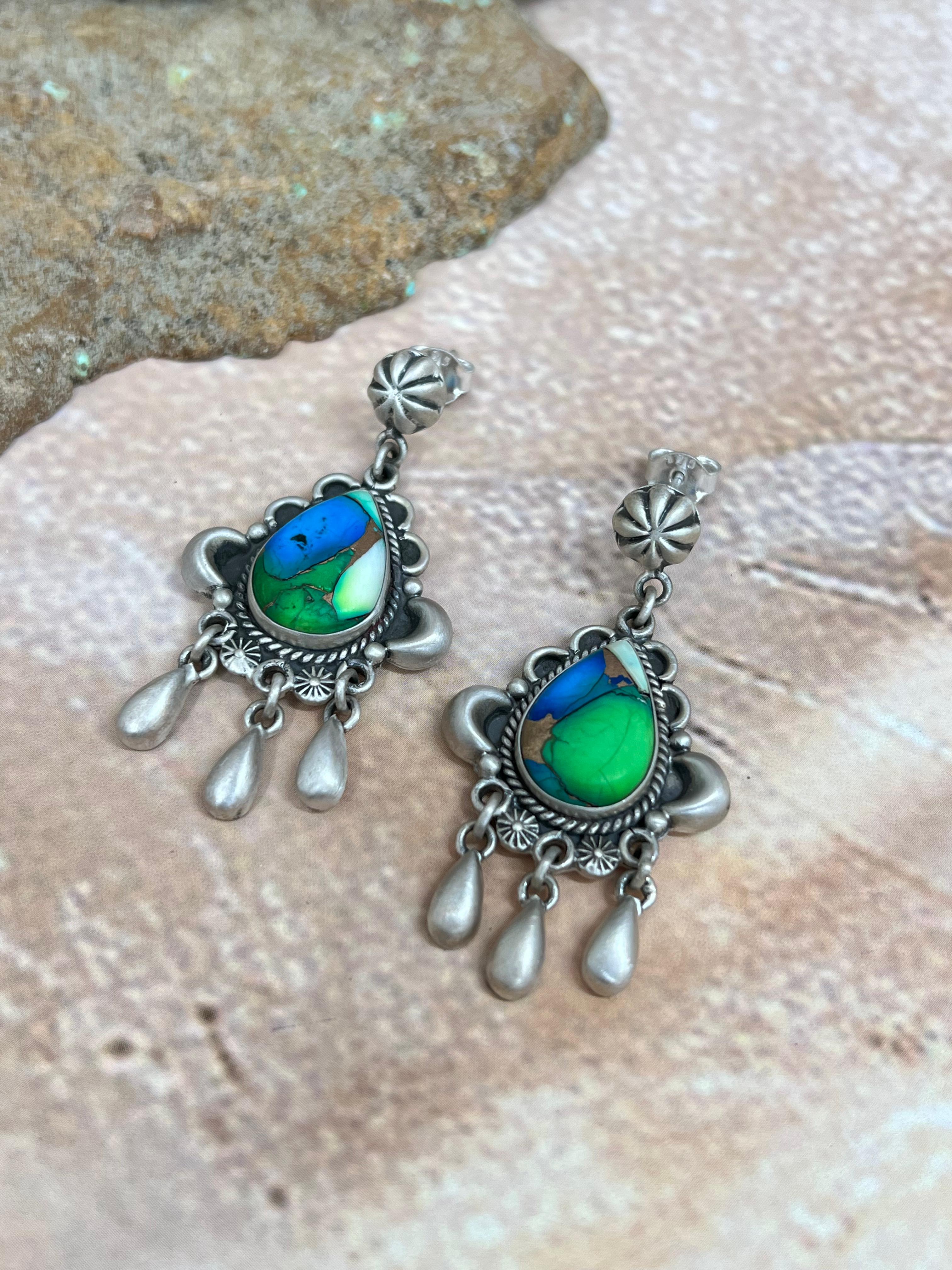 Handmade Sterling Silver Peacock Dahlia Post Earrings with Signed Nizhoni