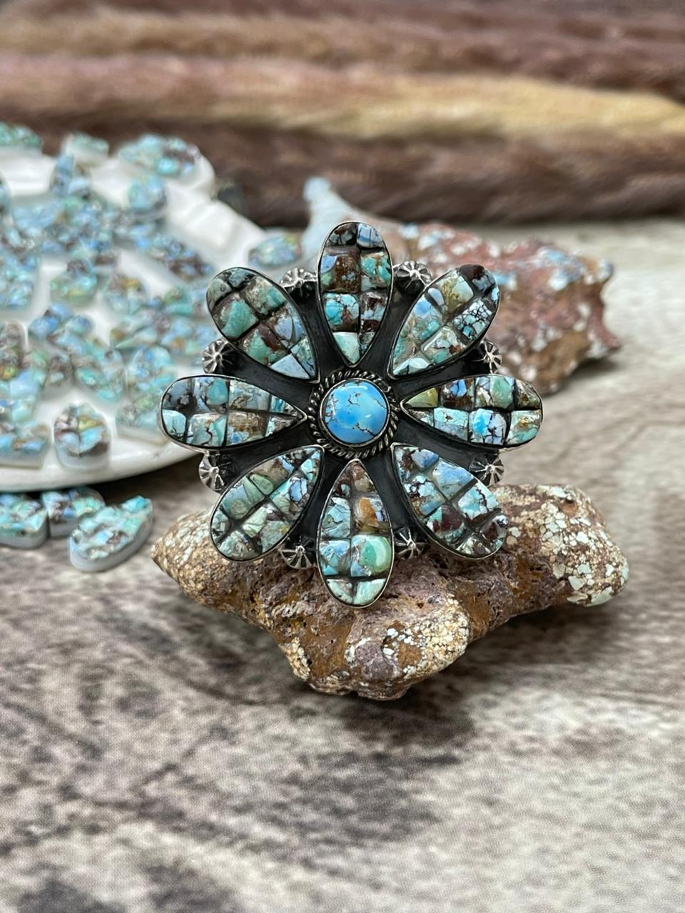 Handmade Sterling Silver 'Golden Hills Turquoise Cobble Collection' Adjustable Ring "Signed Nizhoni"