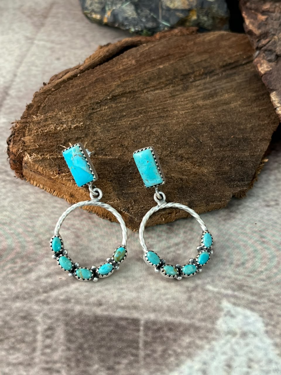 Handmade Sterling Silver Kingman Turquoise Post Dangle Earrings Signed Nizhoni