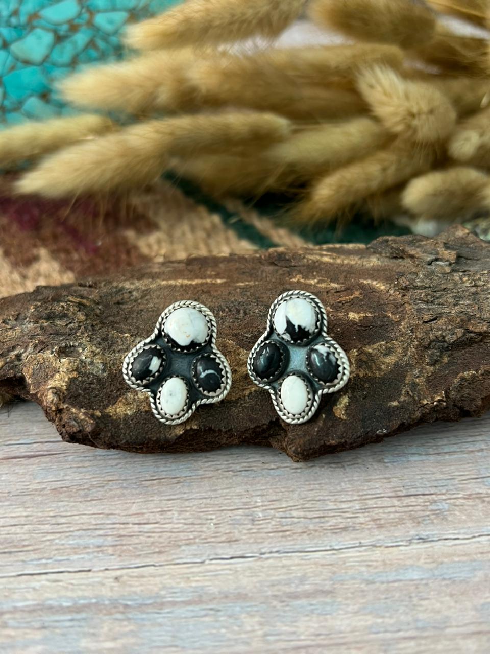 Handmade Sterling Silver White Buffalo Post Stud Earrings "Signed Nizhoni"