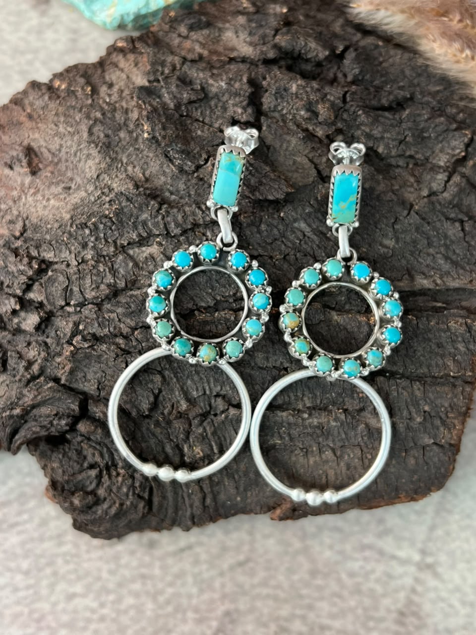 Handmade Sterling Silver Kingman Turquoise Post Dangle Earrings Signed Nizhoni