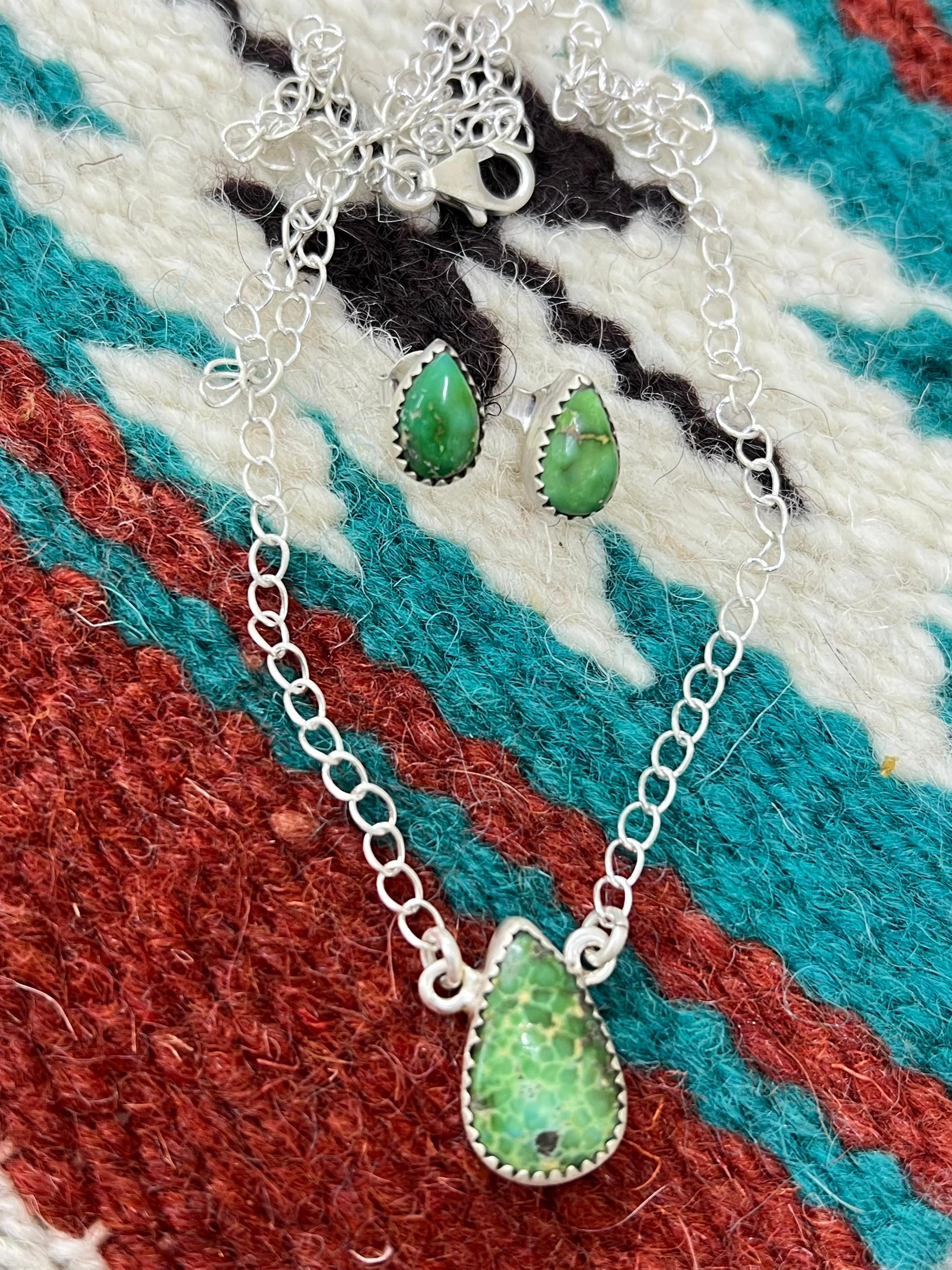 Handmade Sterling Silver Sonoran Mountain Turquoise Necklace Earrings Set with Signed Nizhoni