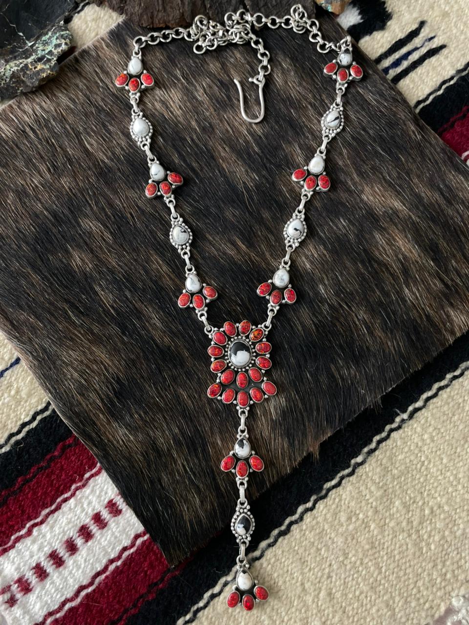 Handmade Sterling Silver White Buffalo with Red Opal Necklace "Signed Nizhoni"