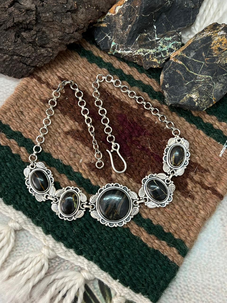 Handmade Sterling Silver Blackjack Turquoise Necklace "Signed Nizhoni"