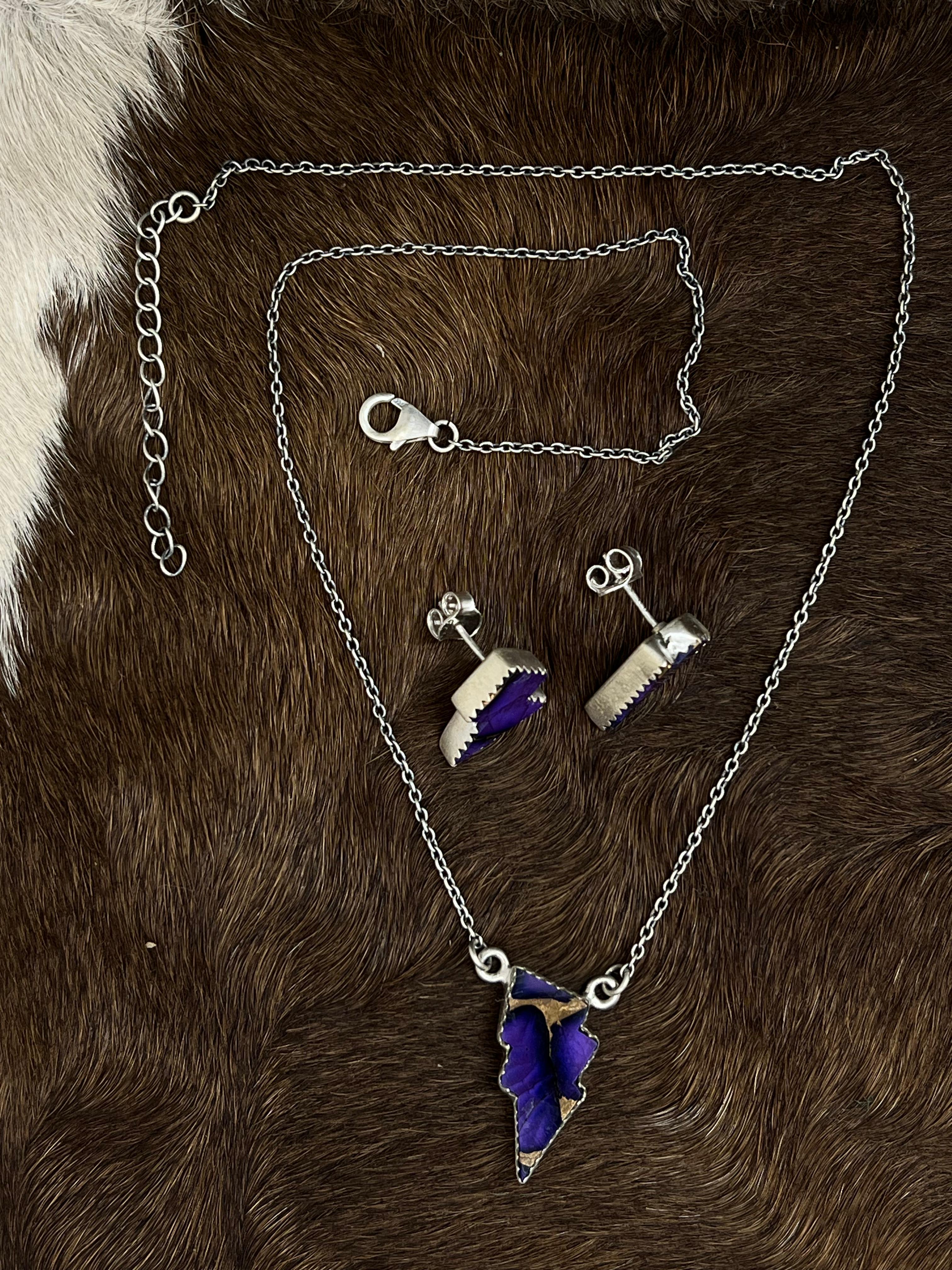 Handmade Sterling Silver Grape Dahlia Lightening Bolt Necklace Earrings Set, Signed Nizhoni