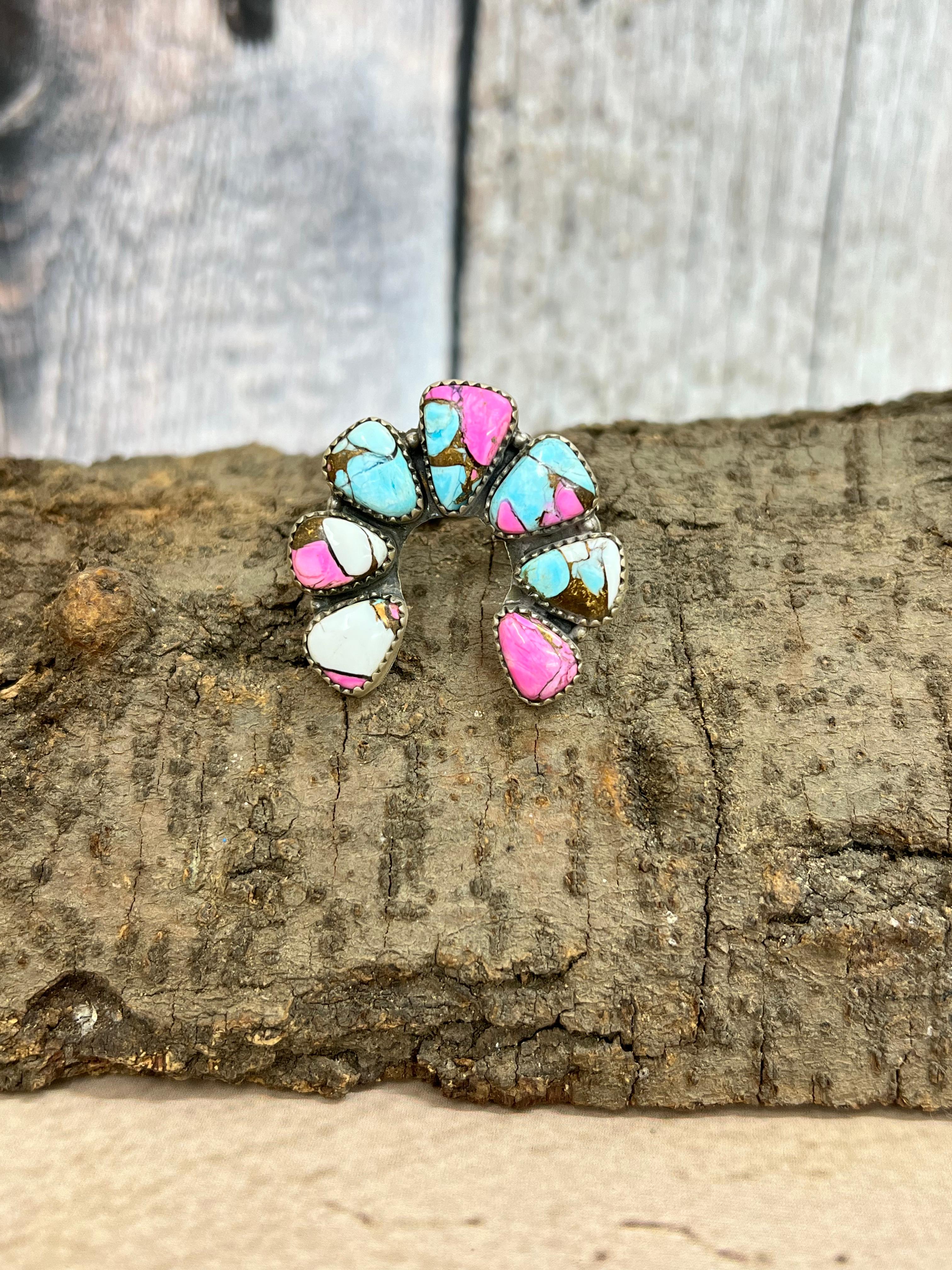 Handmade Sterling Silver Cotton Candy Turquoise Adjustable Rings with Signed Nizhoni