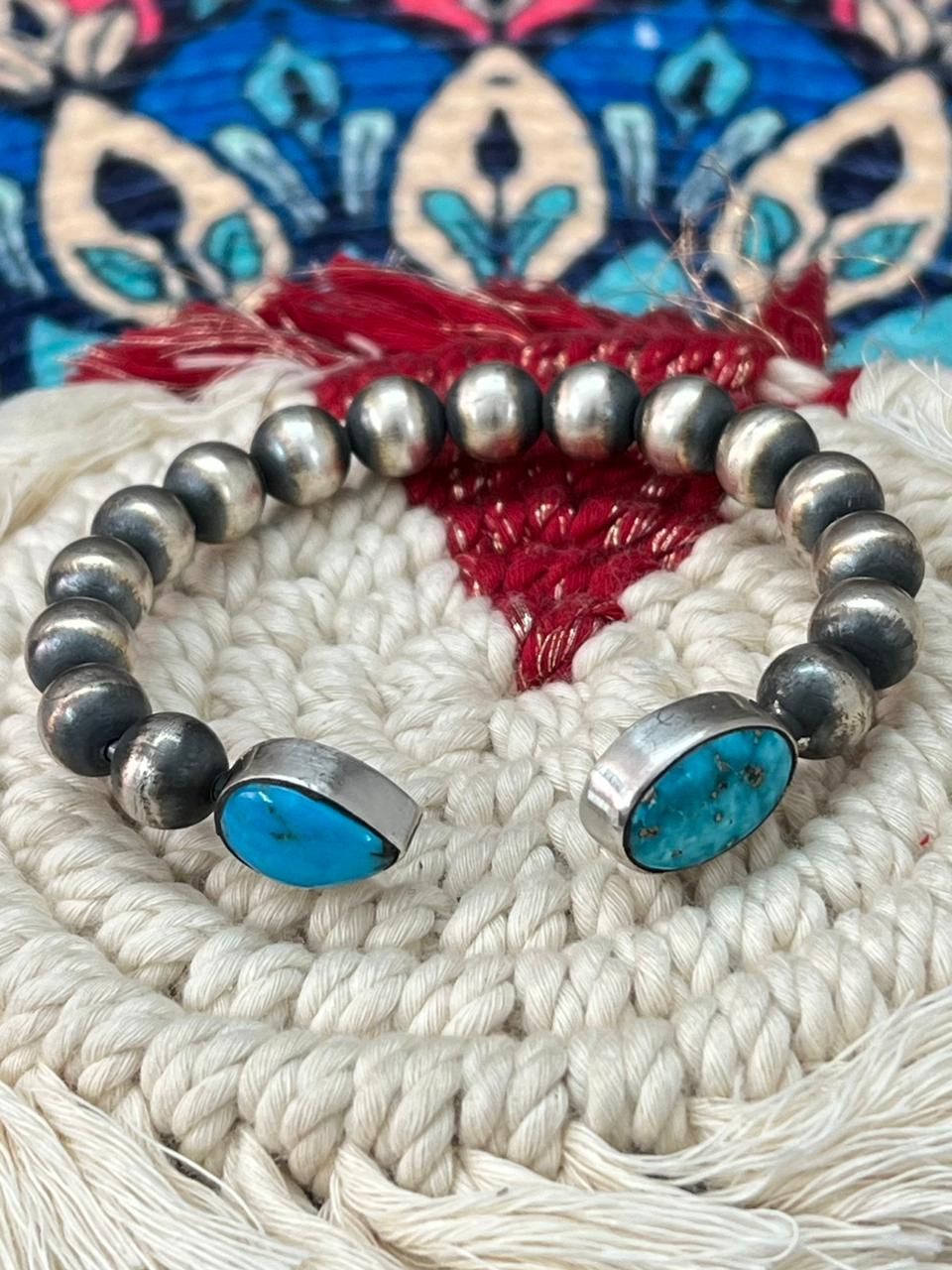 Handmade Sterling Silver Beaded Arizona Blue Turquoise Cuff Bracelet "Signed Nizhoni"