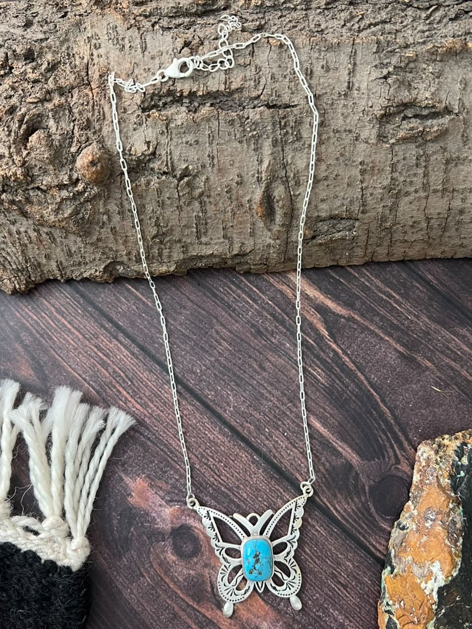 Handmade Sterling Silver Kingman Turquoise Butterfly Necklace Signed Nizhoni