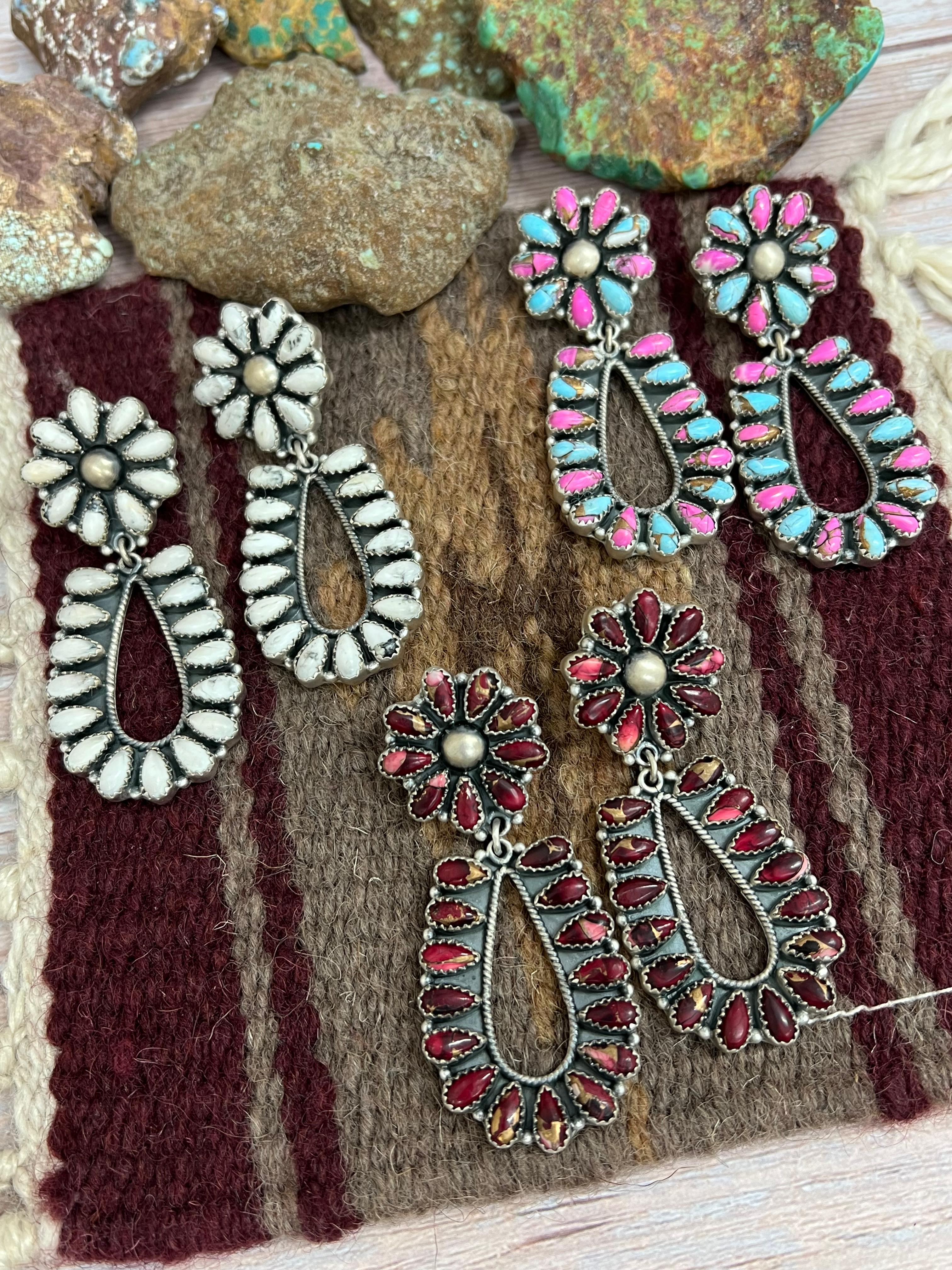 Handmade Sterling Silver White Buffalo, Dahlia Rose, Cotton Candy Turquoise Dangle Earrings, Signed Nizhoni