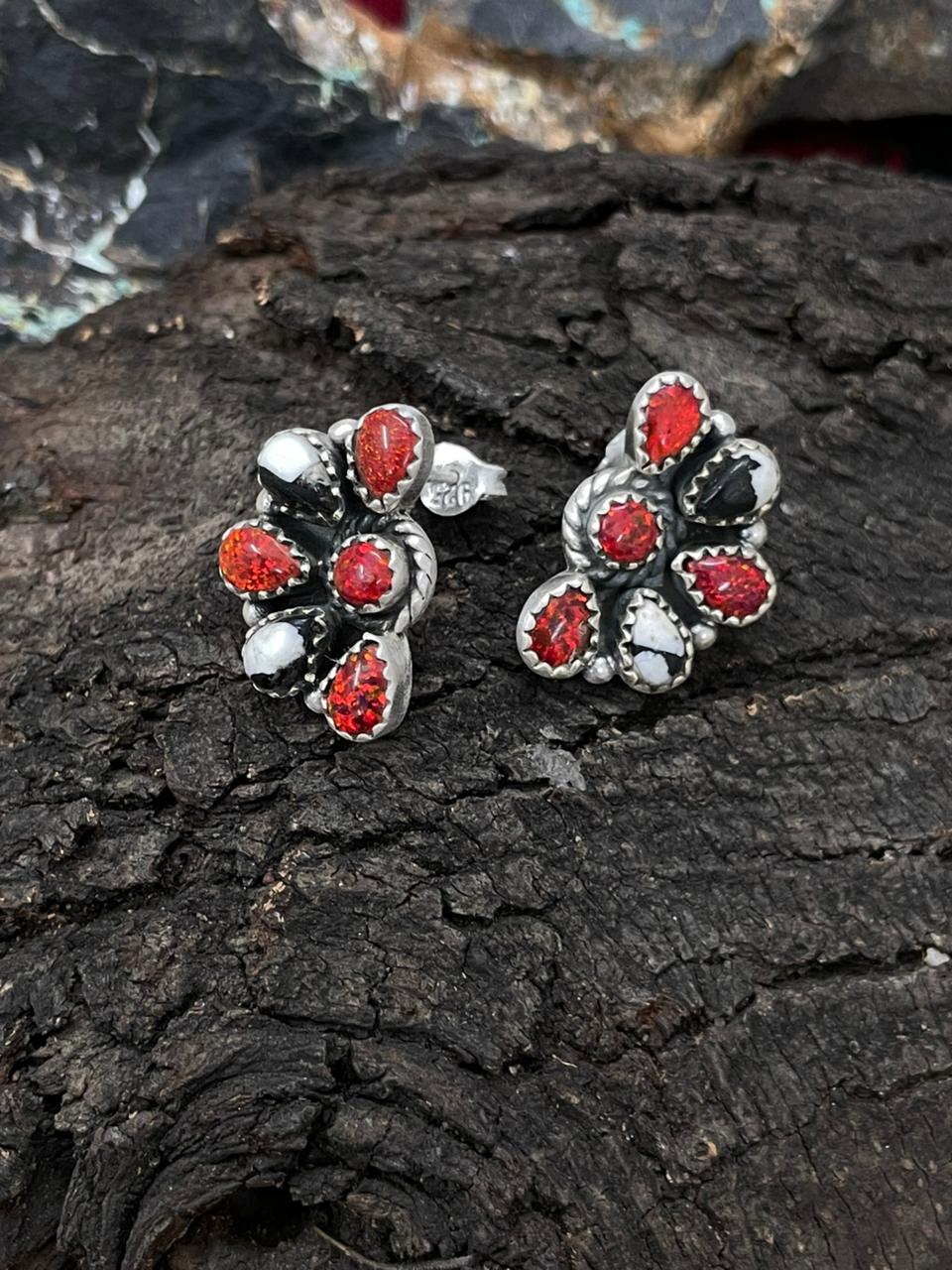 "Christmas Collection" Handmade Sterling Silver White Buffalo with Red Opal Studs Earrings "Signed Nizhoni"