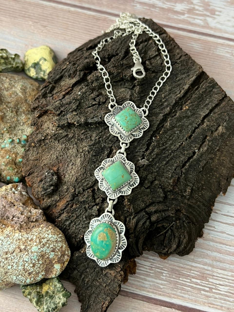 Handmade Sterling Silver Old Stock Royston Turquoise Necklace with Signed Nizhoni