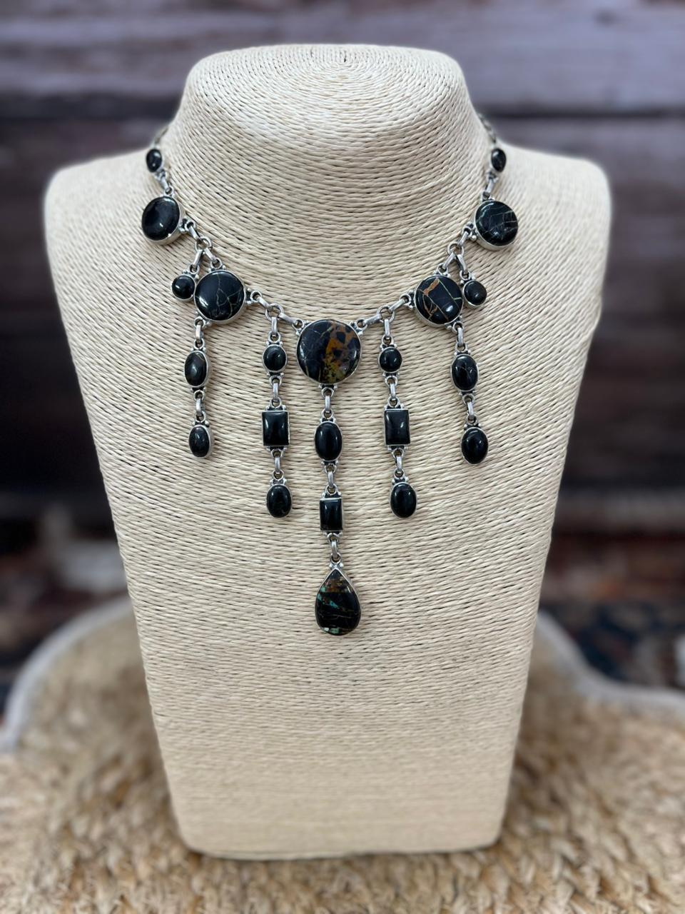 Handmade Sterling Silver Blackjack Turquoise Choker Necklace "Signed Nizhoni"