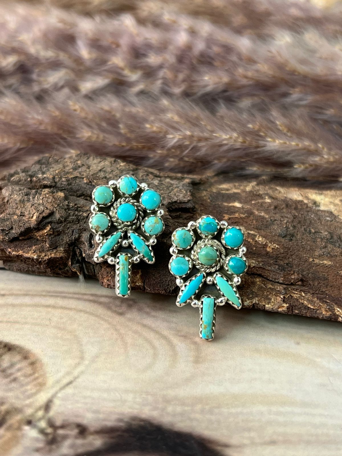 Handmade Sterling Silver Kingman Turquoise Post Studs Earrings Signed Nizhoni