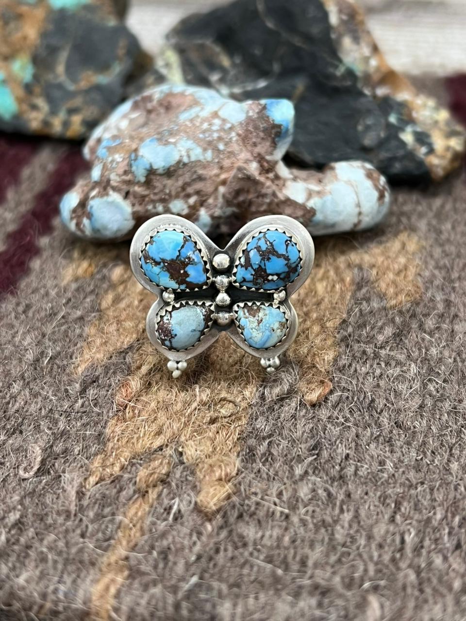 Handmade Sterling Silver Golden Hills Turquoise Butterfly Adjustable Ring "Signed Nizhoni"
