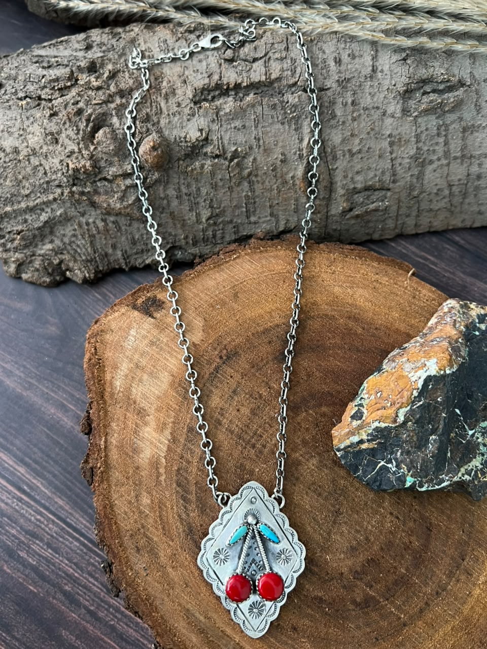 Handmade Sterling Silver Kingman Turquoise with Rosarita Cherry Necklace Signed Nizhoni (6)