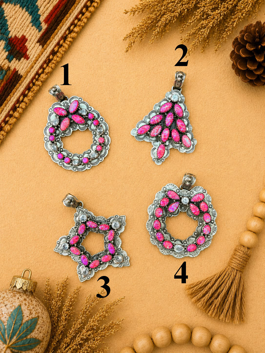 Handmade Sterling Silver Hot Pink with Cubic Zirconia Christmas Ornaments Collection: Pendant Signed Nizhoni (8)