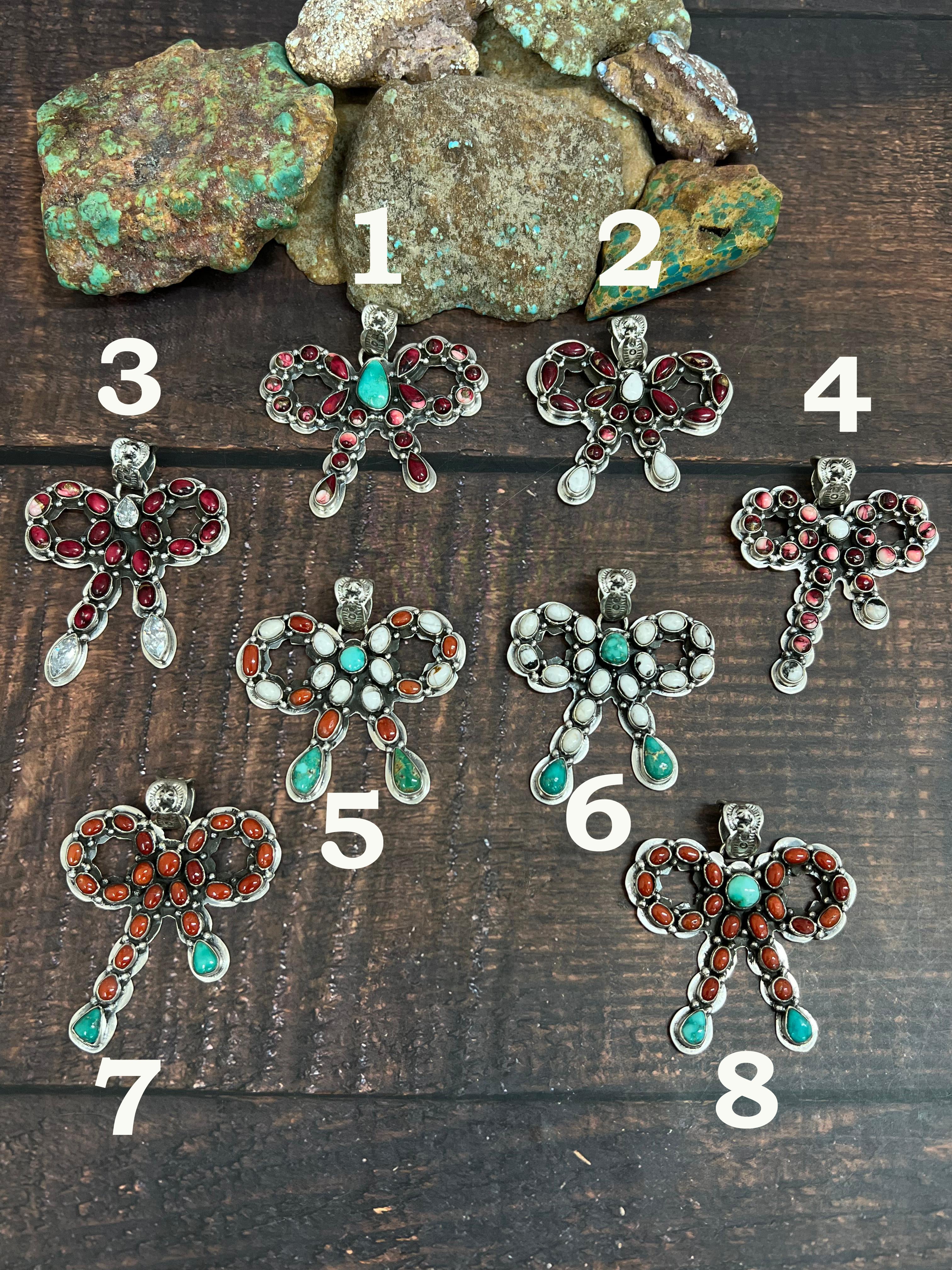 Handmade Sterling Silver Multi Stones Bow Pendant Signed Nizhoni