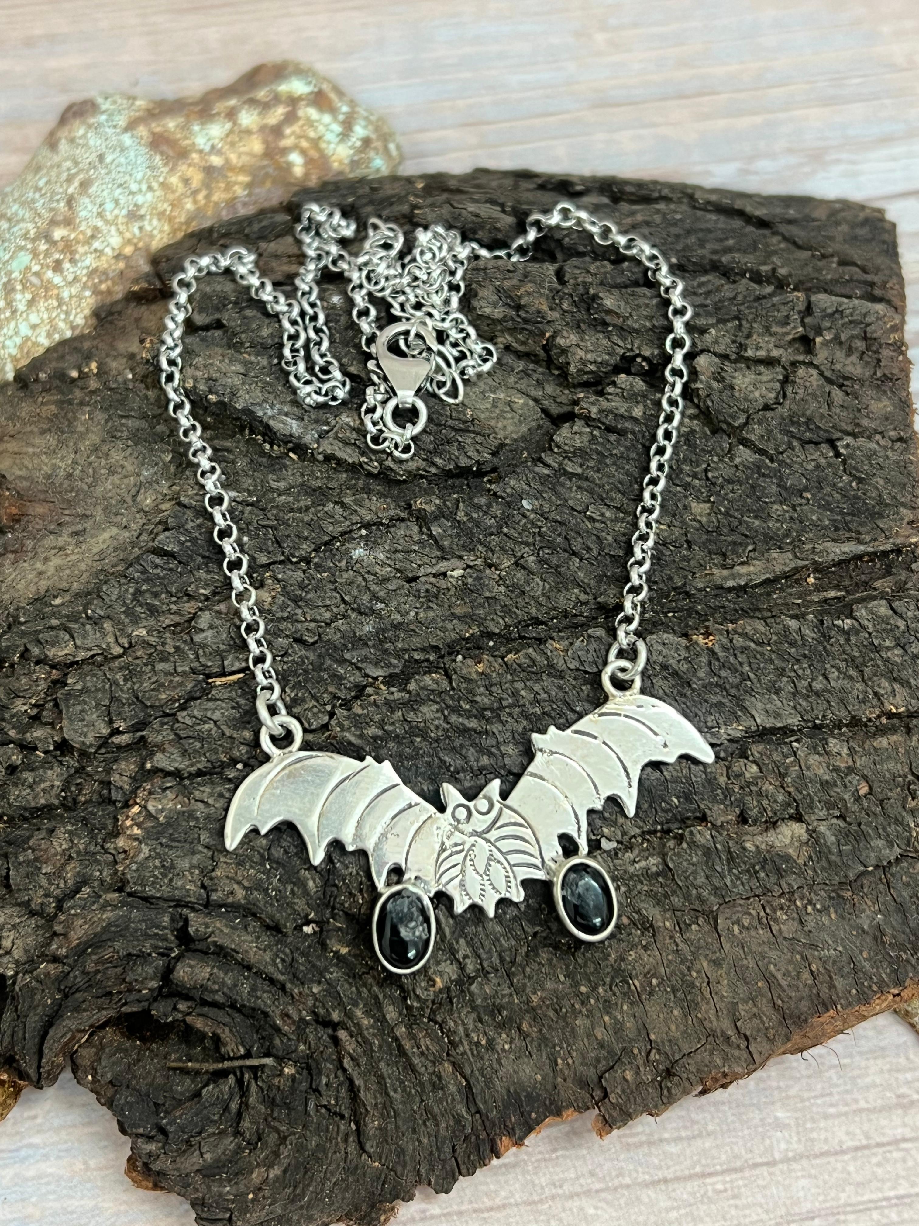 "Halloween Collection" Handmade Sterling Silver Black Onyx Bat Necklace with Signed Nizhoni