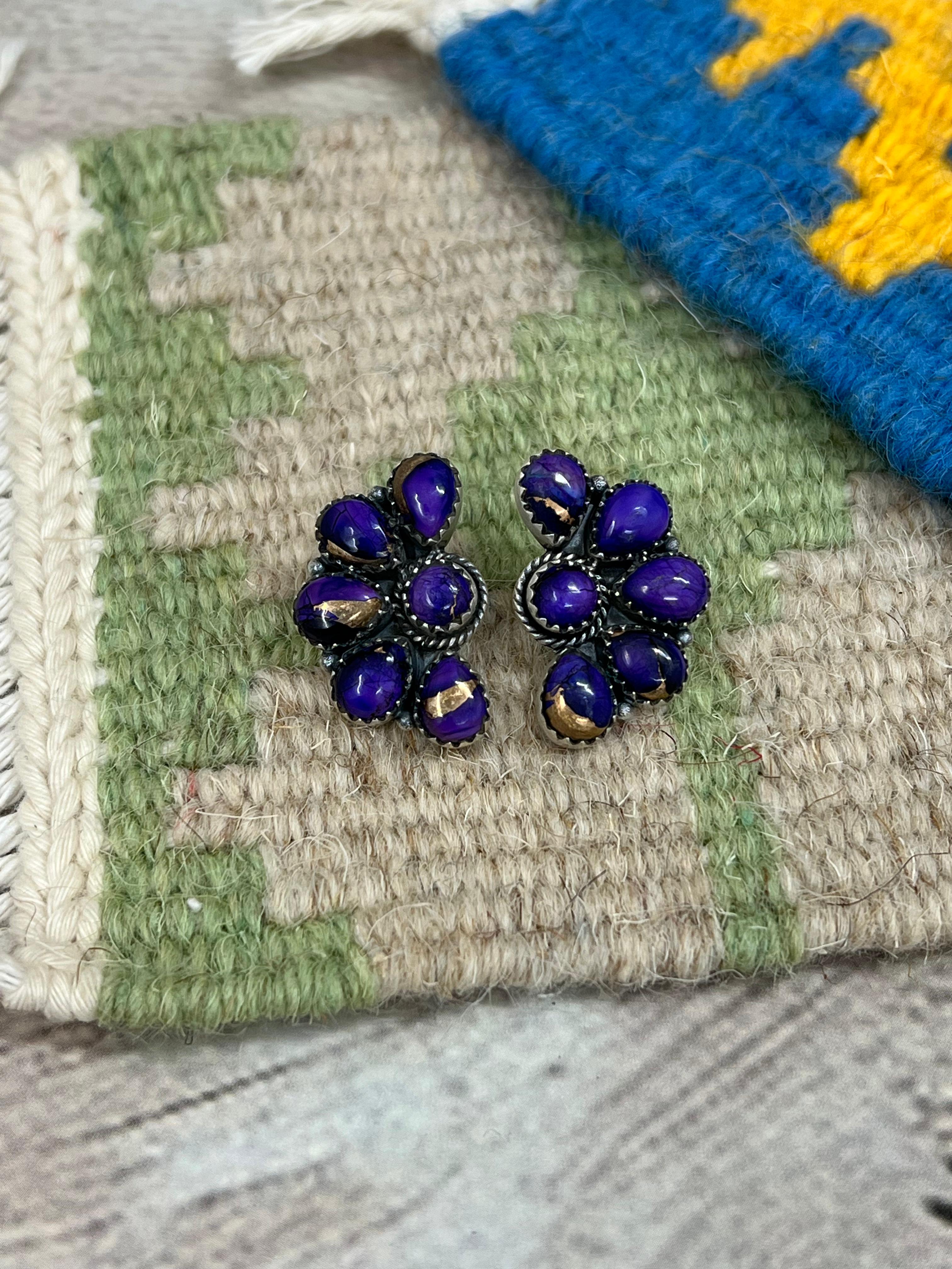 Handmade Sterling Silver Grape Dahlia Post Studs with Signed Nizhoni