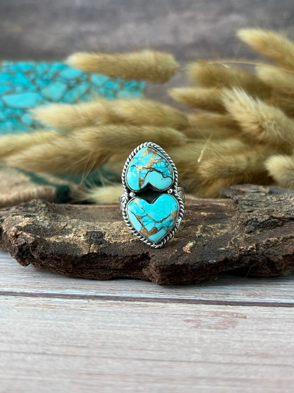 Handmade Sterling Silver Mint Dahlia Collection: Adjustable Heart Shape Ring "Signed Nizhoni" (2)