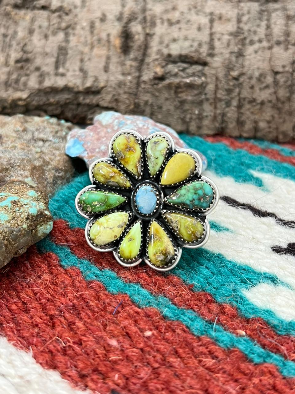 Handmade Sterling Silver Palomino with Golden Hills and Sonoran Mountain Turquoise Adjustable Ring " Signed Nizhoni"