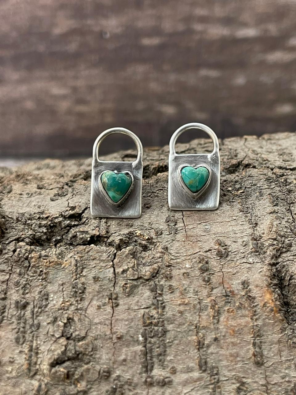 "Heart Collection" Handmade Sterling Silver Kingman Turquoise Post Studs Earrings "Signed Nizhoni"