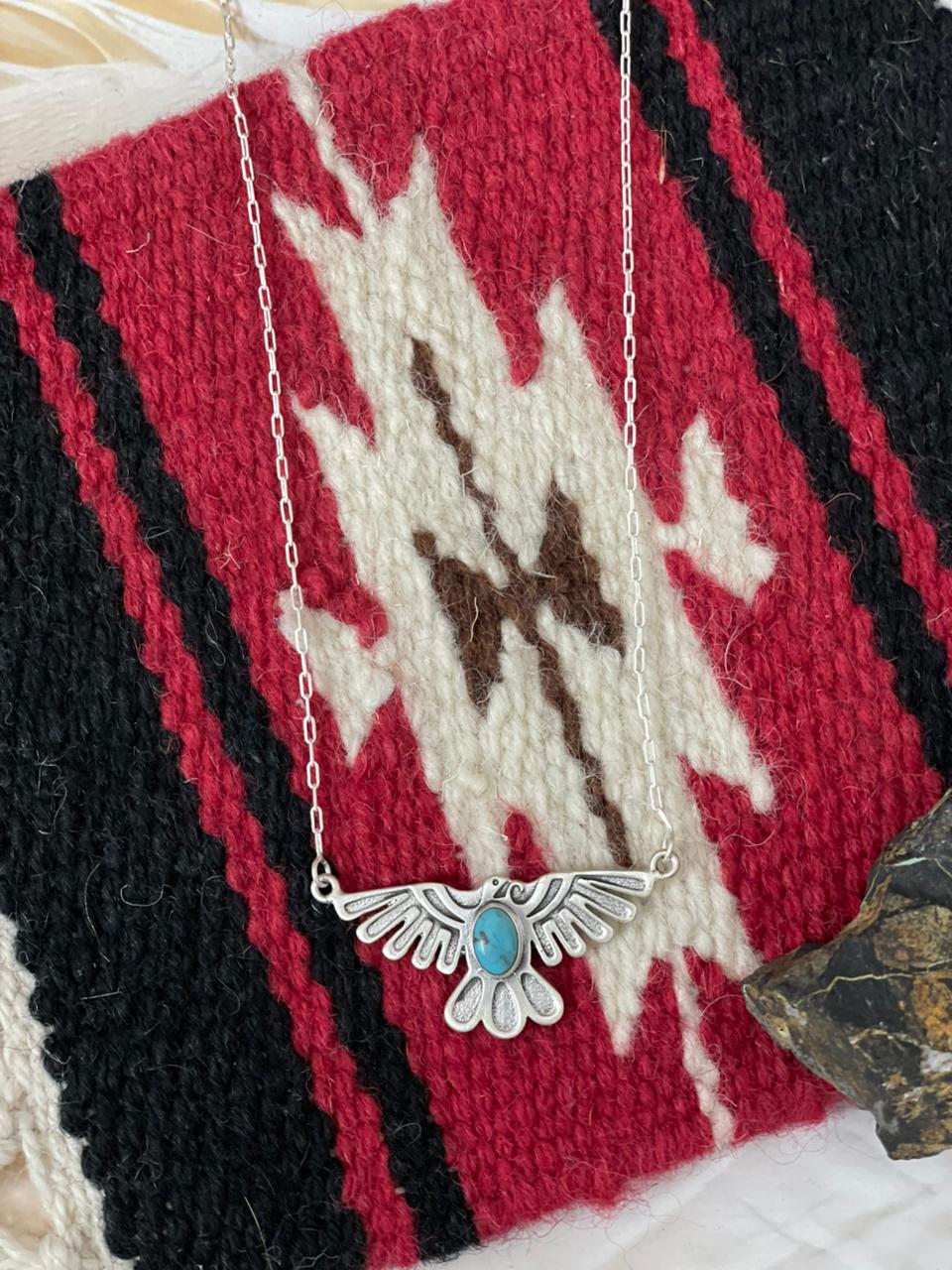 Handmade Sterling Silver Kingman Turquoise Thunder Bird Necklace "Signed Nizhoni"
