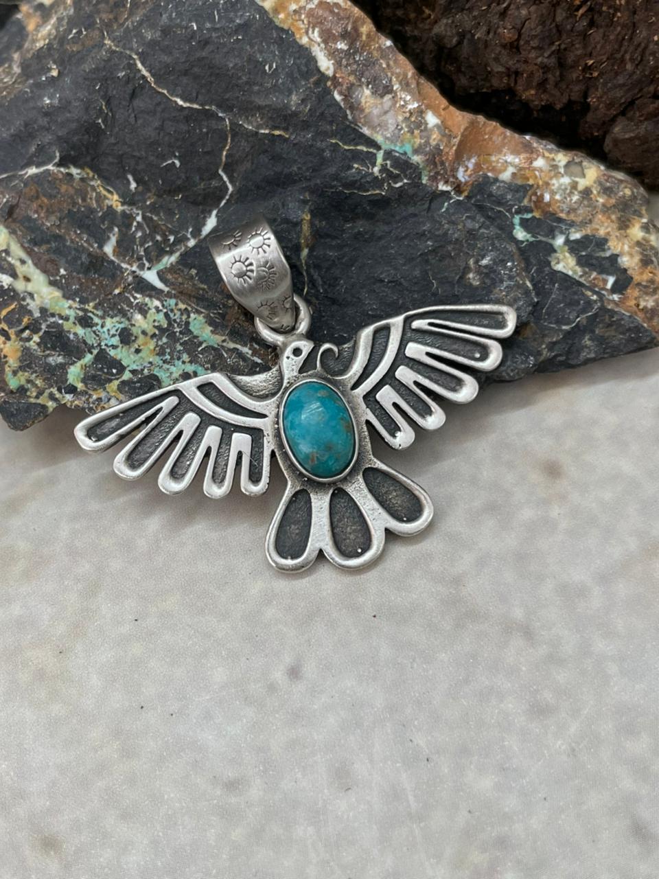 Handmade Sterling Silver Kingman Turquoise Thunder Bird Pendant "Signed Nizhoni"