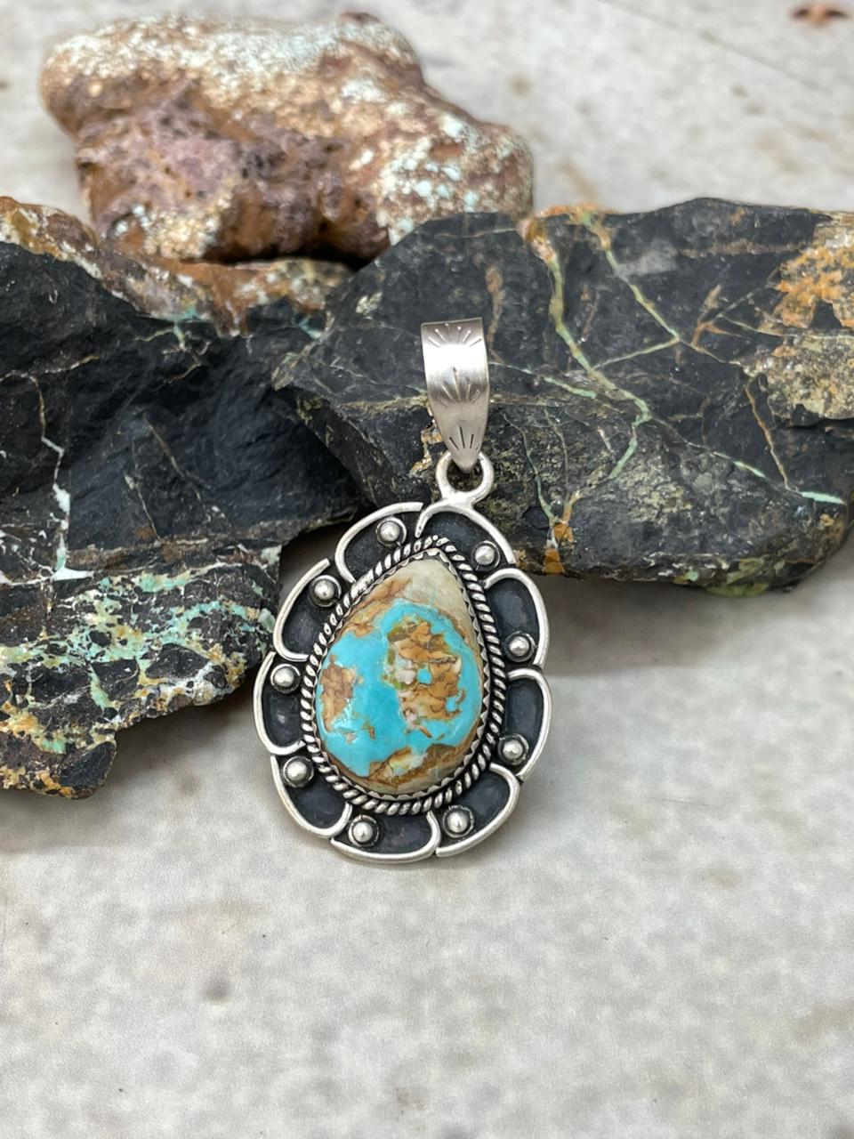 Handmade Sterling Silver Royston Ribbon Turquoise Pendant "Signed Nizhoni"