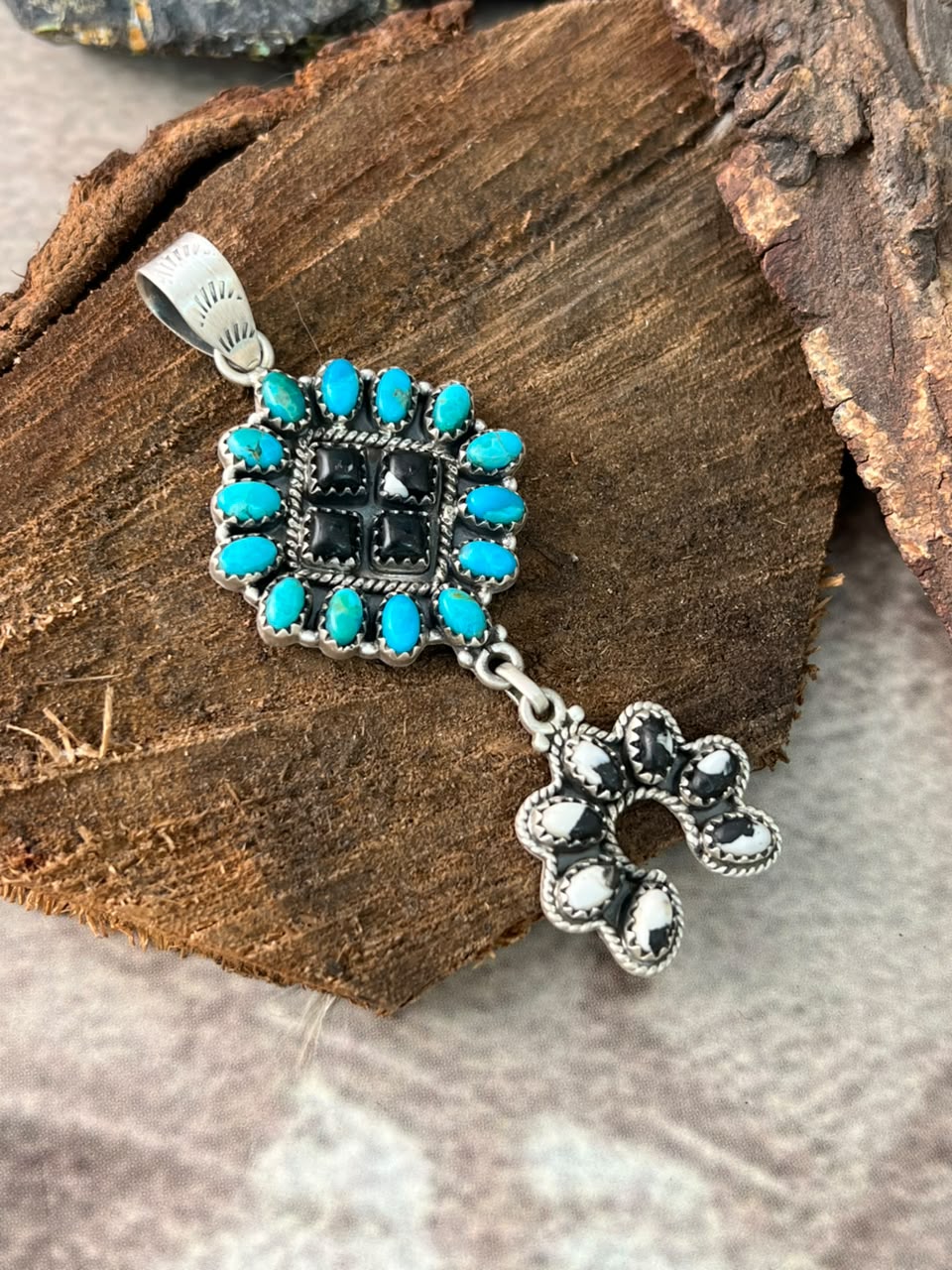 Handmade Sterling Silver Kingman Turquoise with White Buffalo Naja Pendant Signed Nizhoni
