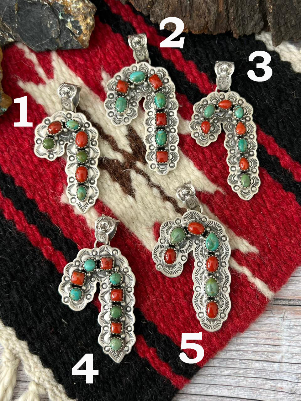 "Christmas Collection" Handmade Sterling Silver Kingman with Coral Pendant "Signed Nizhoni"