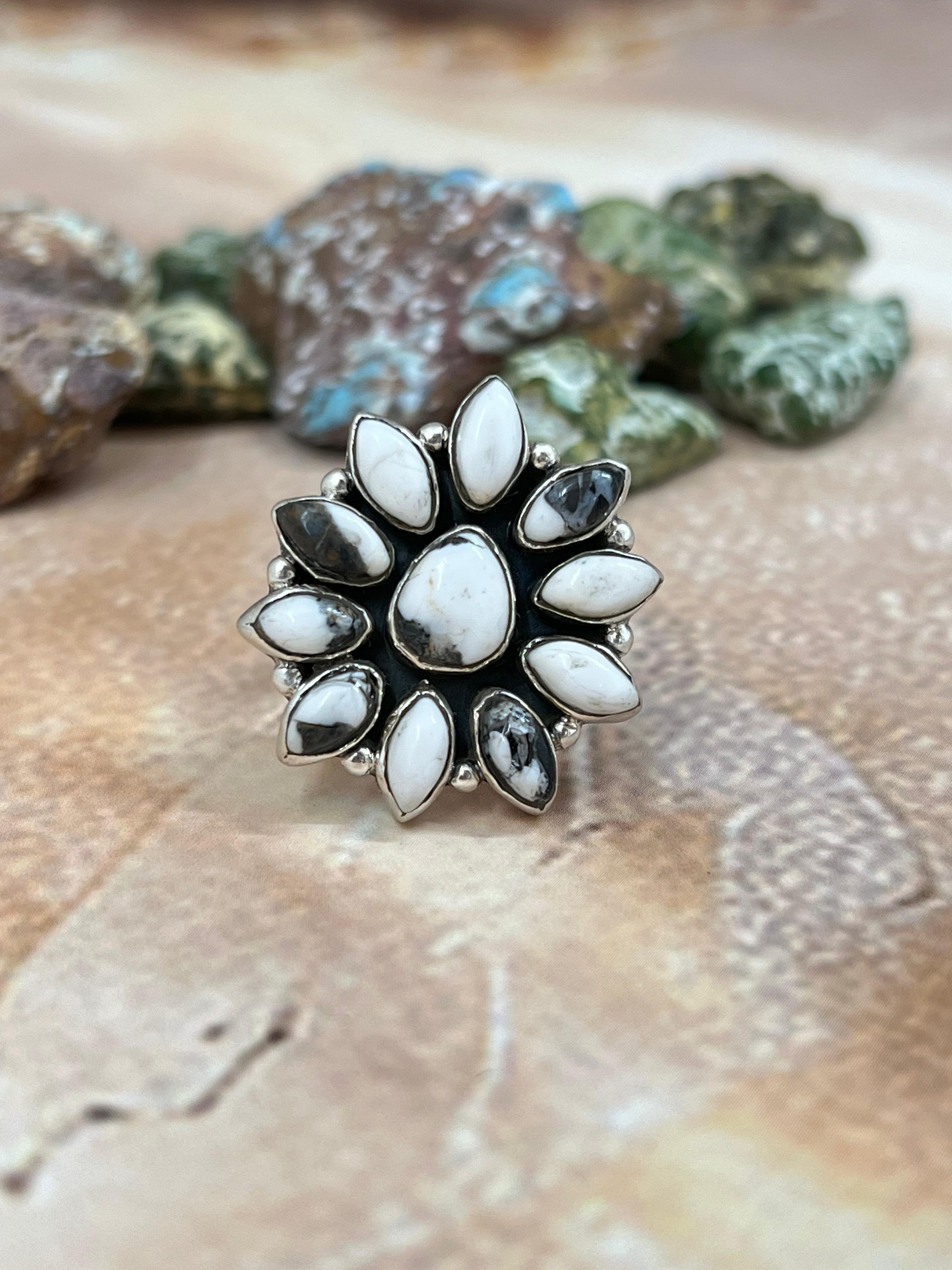 Handmade Sterling Silver Honey White Buffalo Turquoise Adjustable Ring with Signed Nizhoni