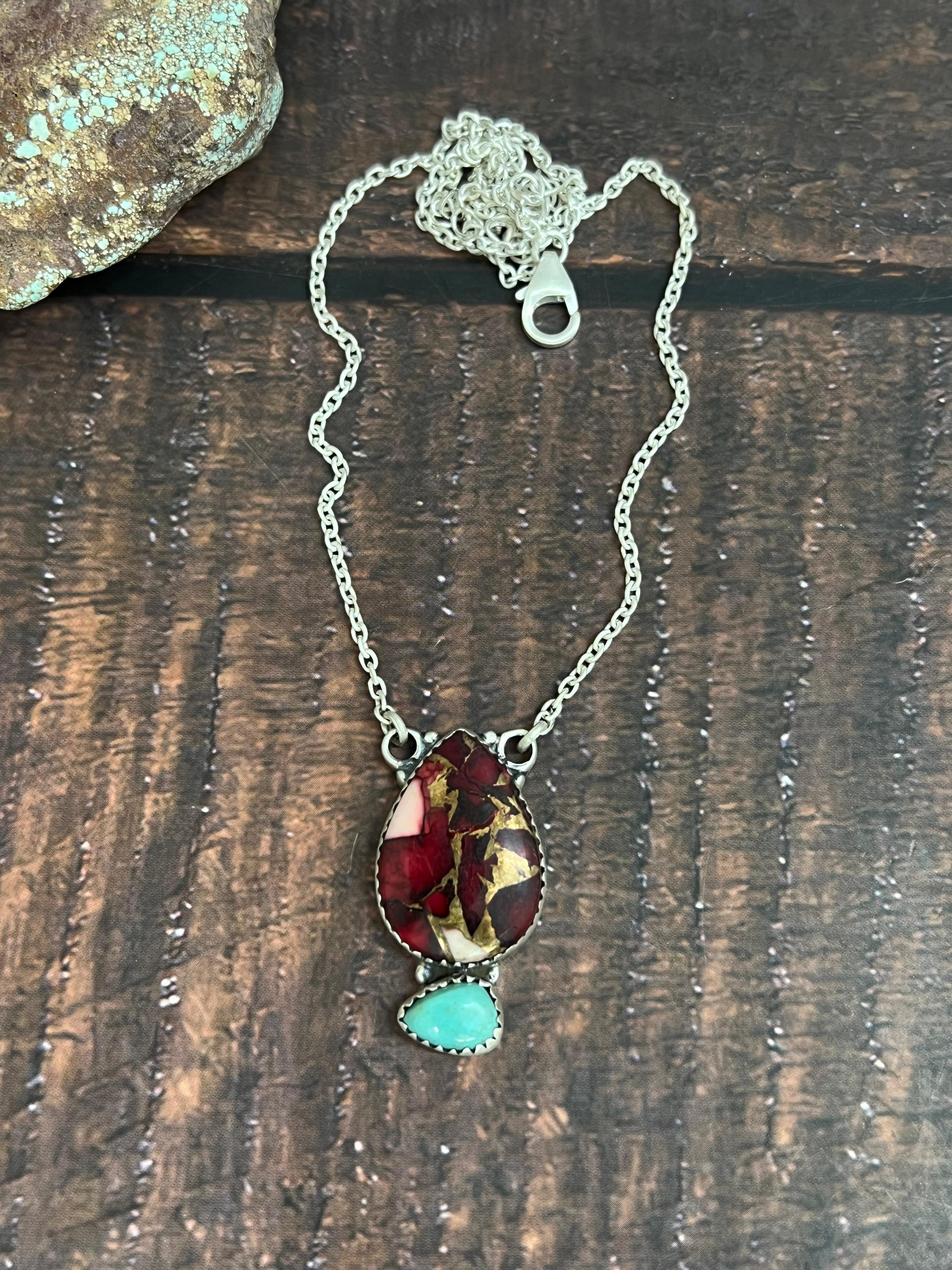 Handmade Sterling Silver Dahlia Rose, Kingman Turquoise Necklace with Signed Nizhoni