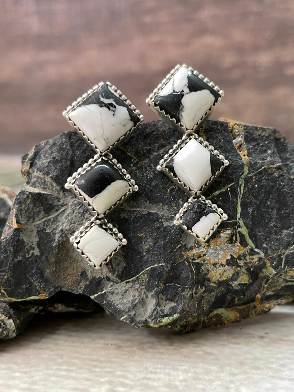 Handmade Sterling Silver White Buffalo Post Earrings "Signed Nizhoni"