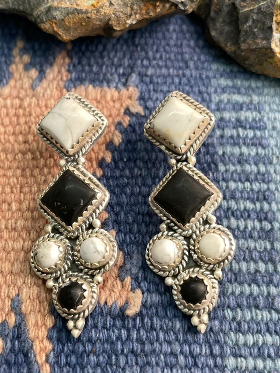 Handmade Sterling Silver White Buffalo Post Dangle Earrings "Signed Nizhoni"