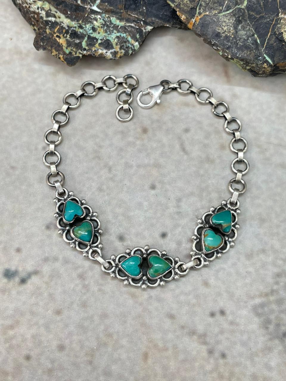 "Heart Collection" Handmade Sterling Silver Kingman Turquoise Chain Bracelet "Signed Nizhoni"
