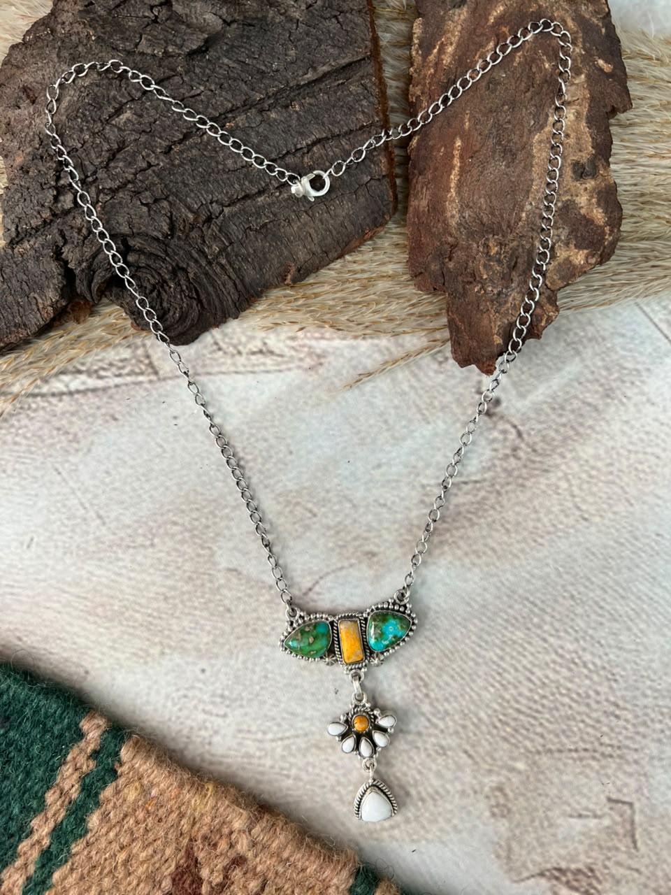 Handmade Sterling Silver Sonoran Mountain Turquoise with Bumblebee and White Buffalo Spring Collection: Necklace Signed Nizhoni